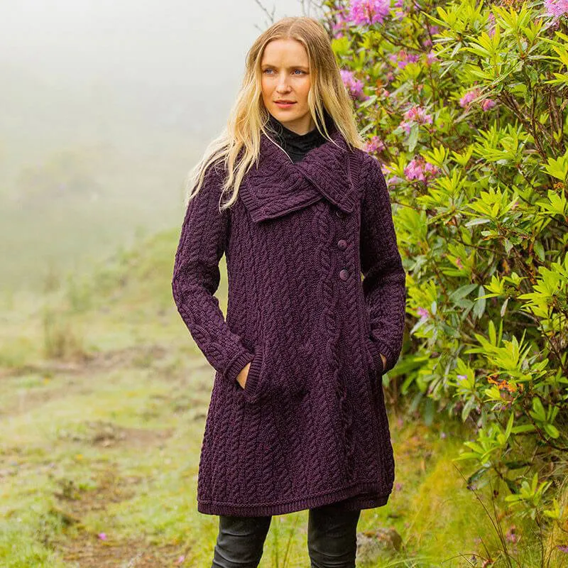 Ladies Aran Wide Collared Button Coat