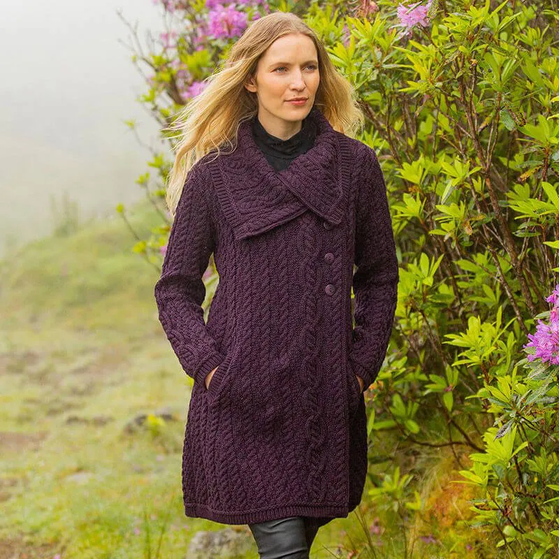 Ladies Aran Wide Collared Button Coat