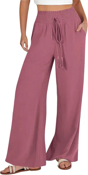 Linen Palazzo Pants for Women Plus Size Loose Trousers with Pockets High Elastic Waist Wide Leg Pants Casual Pants