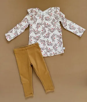Long Sleeve Ruffle Tee   Gold Rib Leggings (2T)