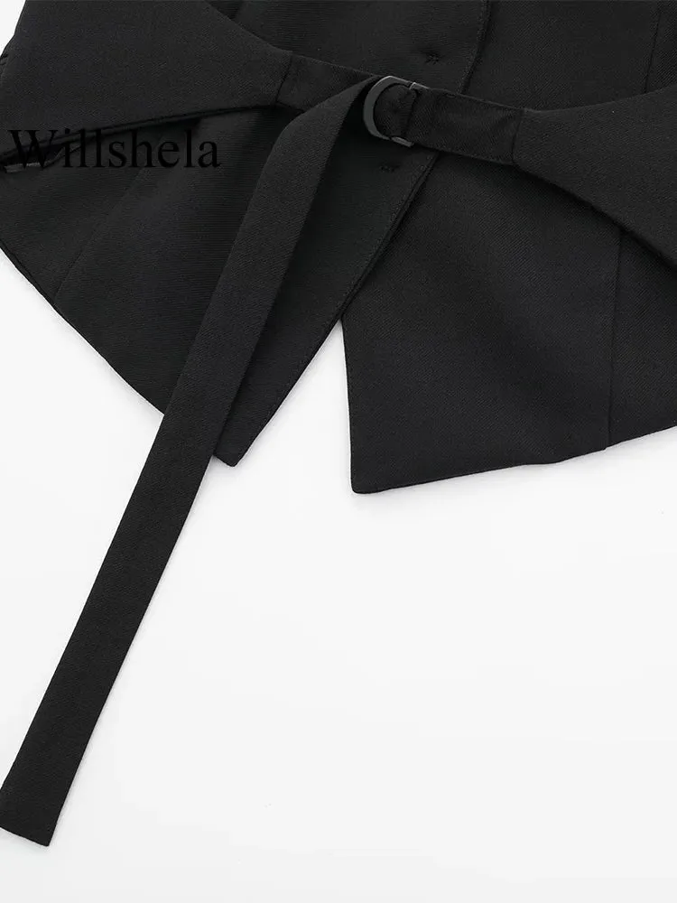 LVSANW Willshela Women Fashion Black Backless Lace Up Waistcoats Vintage Halter Neck Sleeveless Jackets Female Chic Lady Tank Tops
