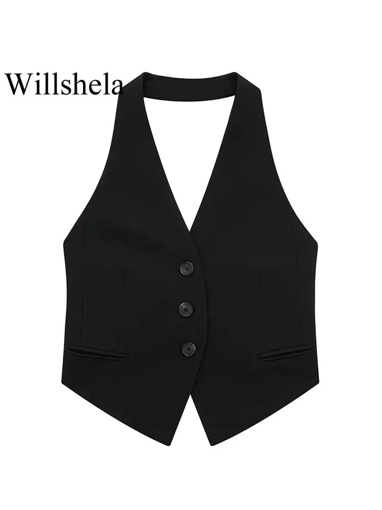 LVSANW Willshela Women Fashion Black Backless Lace Up Waistcoats Vintage Halter Neck Sleeveless Jackets Female Chic Lady Tank Tops