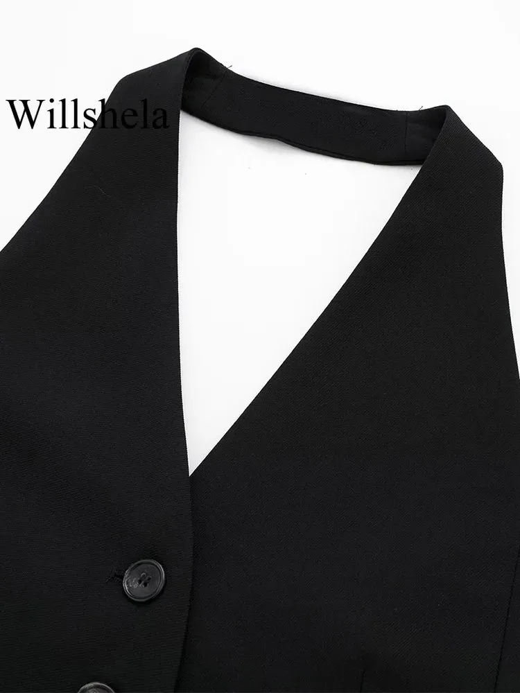 LVSANW Willshela Women Fashion Black Backless Lace Up Waistcoats Vintage Halter Neck Sleeveless Jackets Female Chic Lady Tank Tops