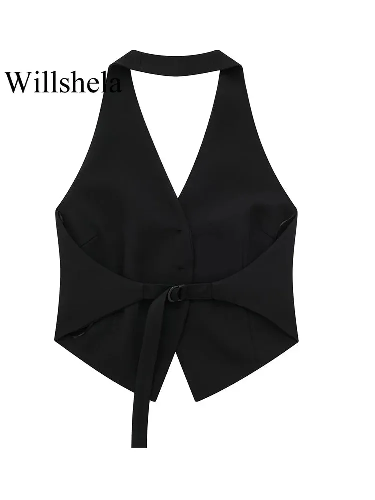 LVSANW Willshela Women Fashion Black Backless Lace Up Waistcoats Vintage Halter Neck Sleeveless Jackets Female Chic Lady Tank Tops