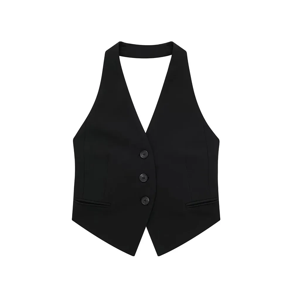 LVSANW Willshela Women Fashion Black Backless Lace Up Waistcoats Vintage Halter Neck Sleeveless Jackets Female Chic Lady Tank Tops