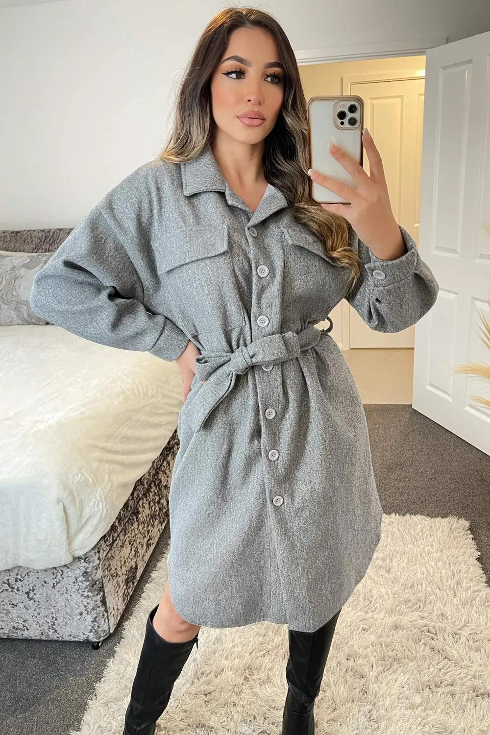 Melonie Grey Oversized Longline Belted Shacket