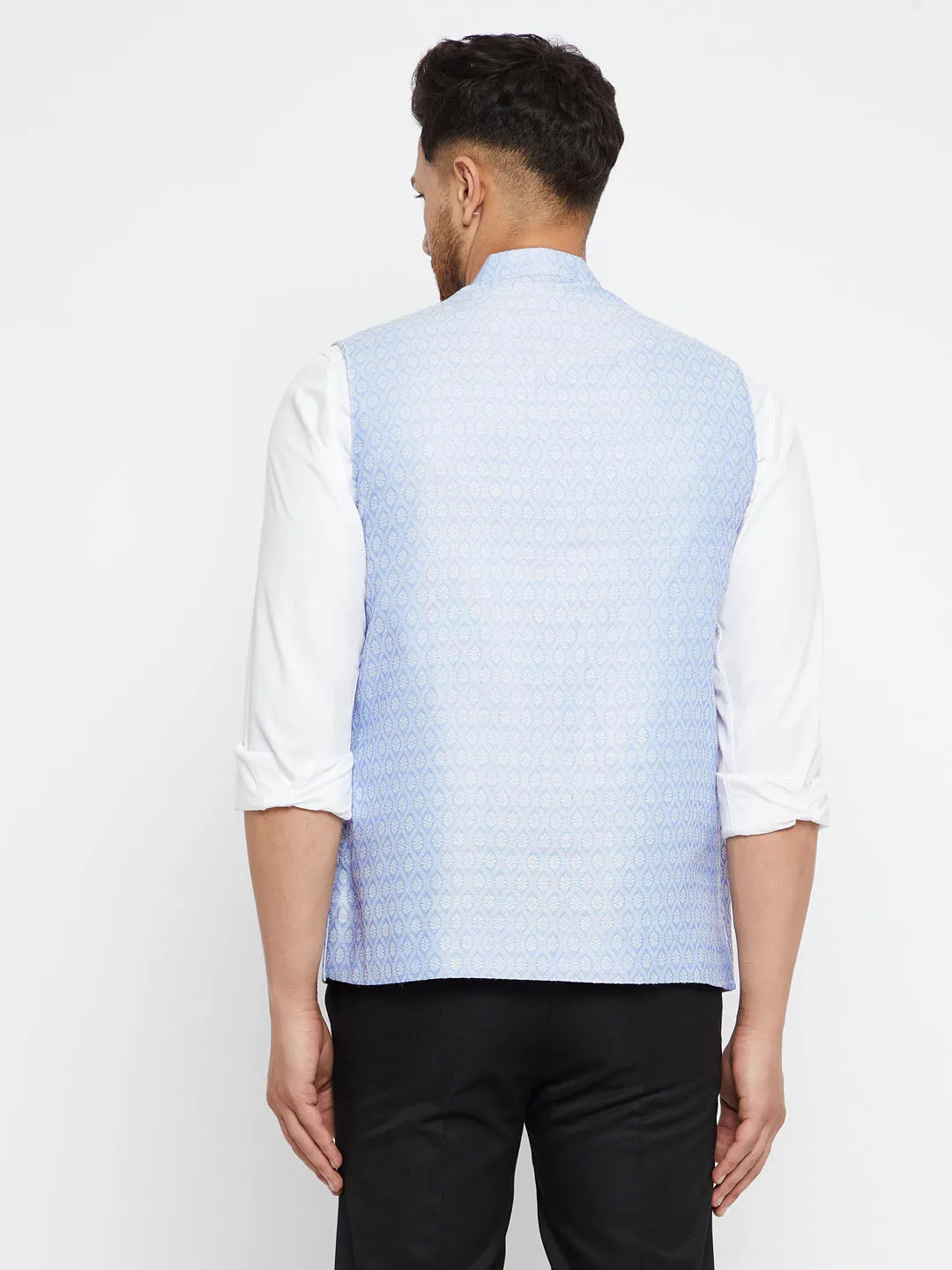 Men's Light Blue Silk Blend Nehru Jackets - Vastramay