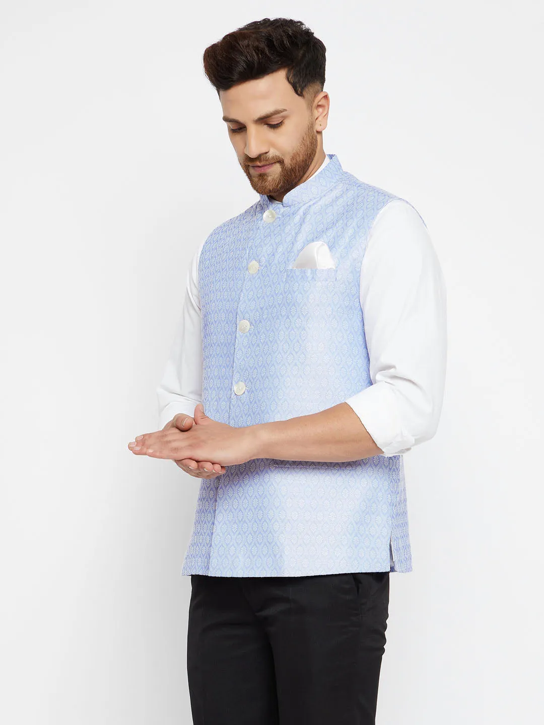 Men's Light Blue Silk Blend Nehru Jackets - Vastramay