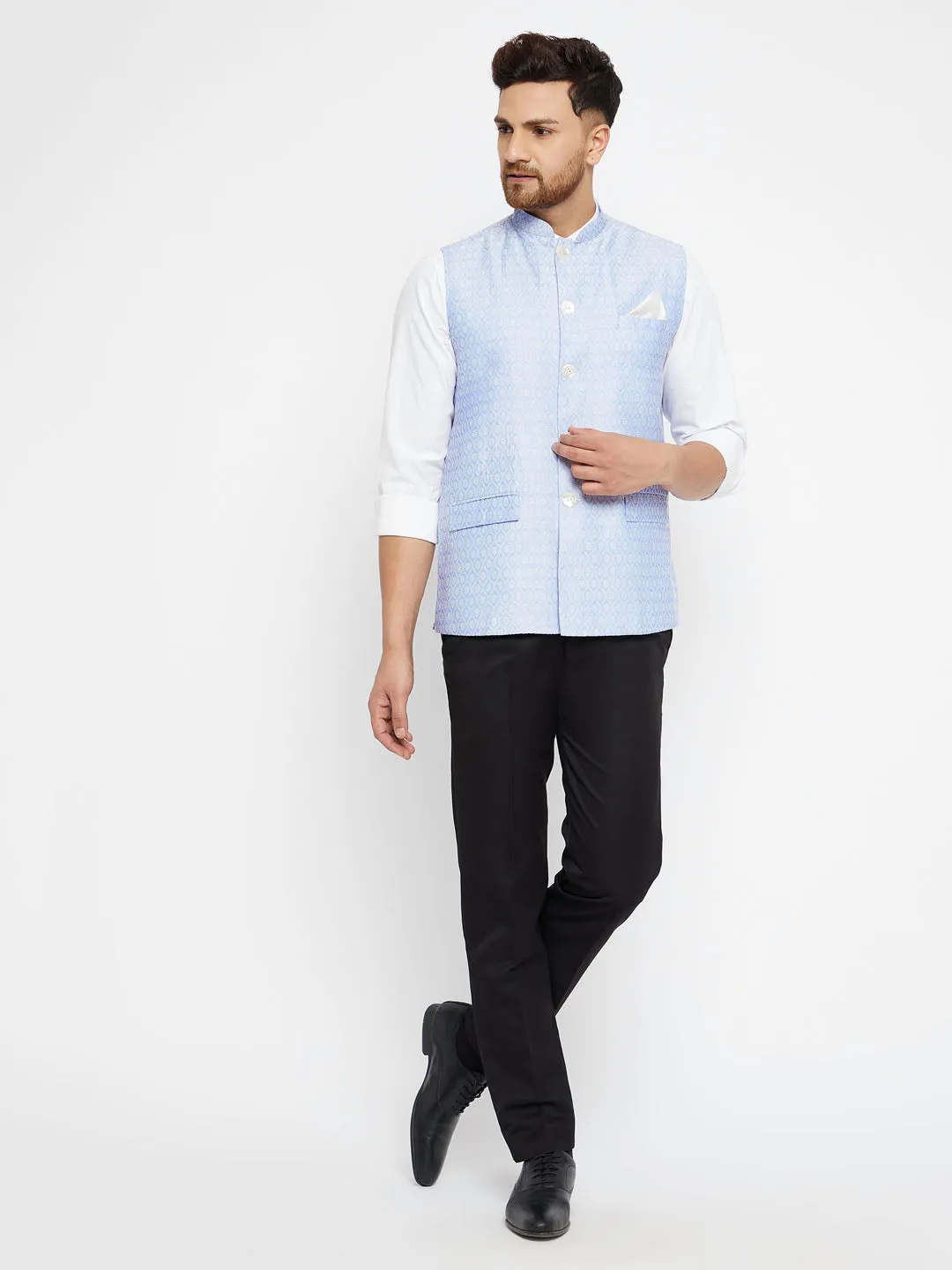 Men's Light Blue Silk Blend Nehru Jackets - Vastramay