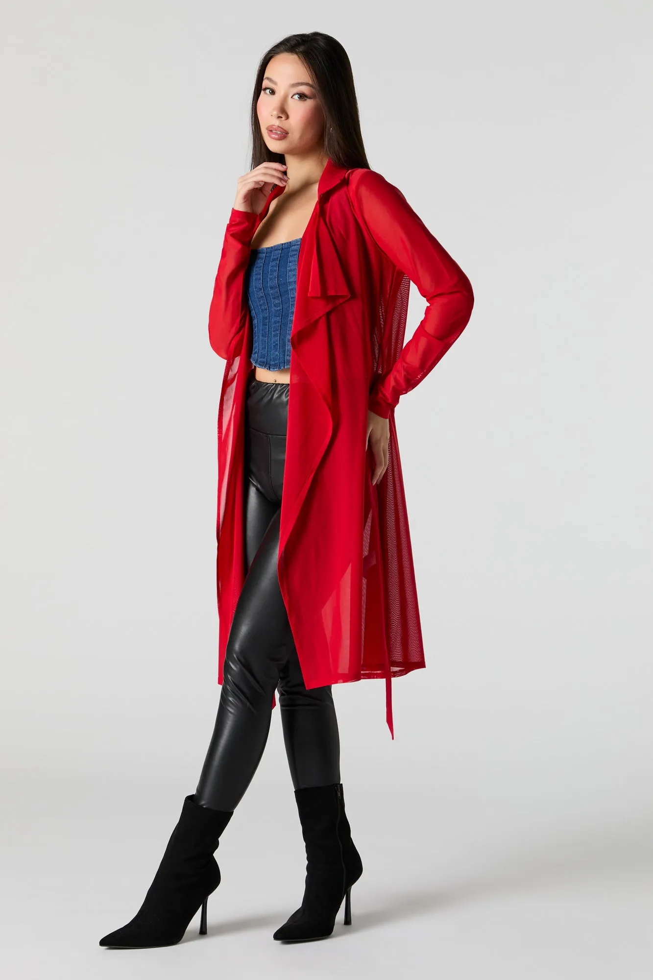 Mesh Ruffled Tie Front Cardigan