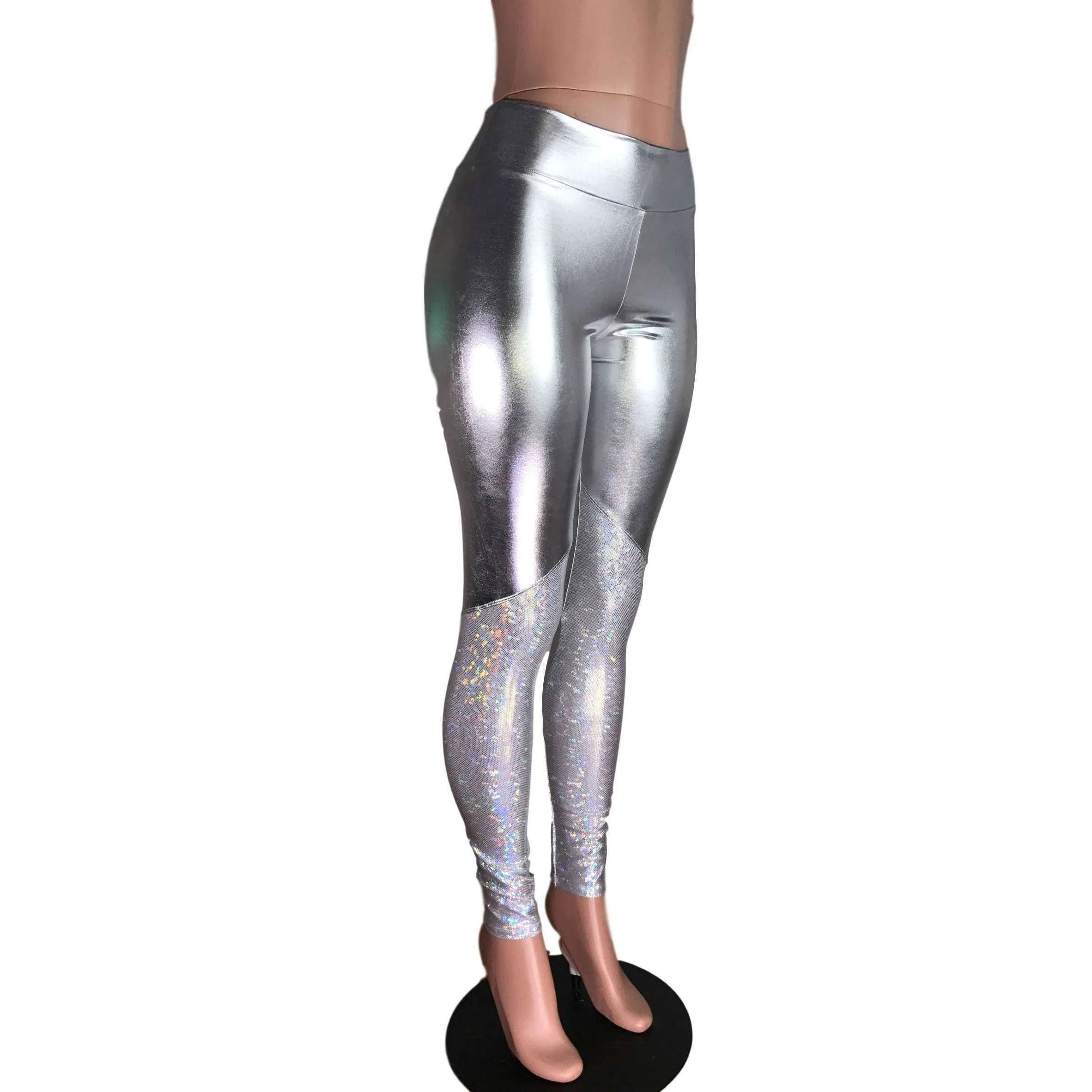 Metallic Silver and Shattered Glass Mid-Rise Leggings Pants