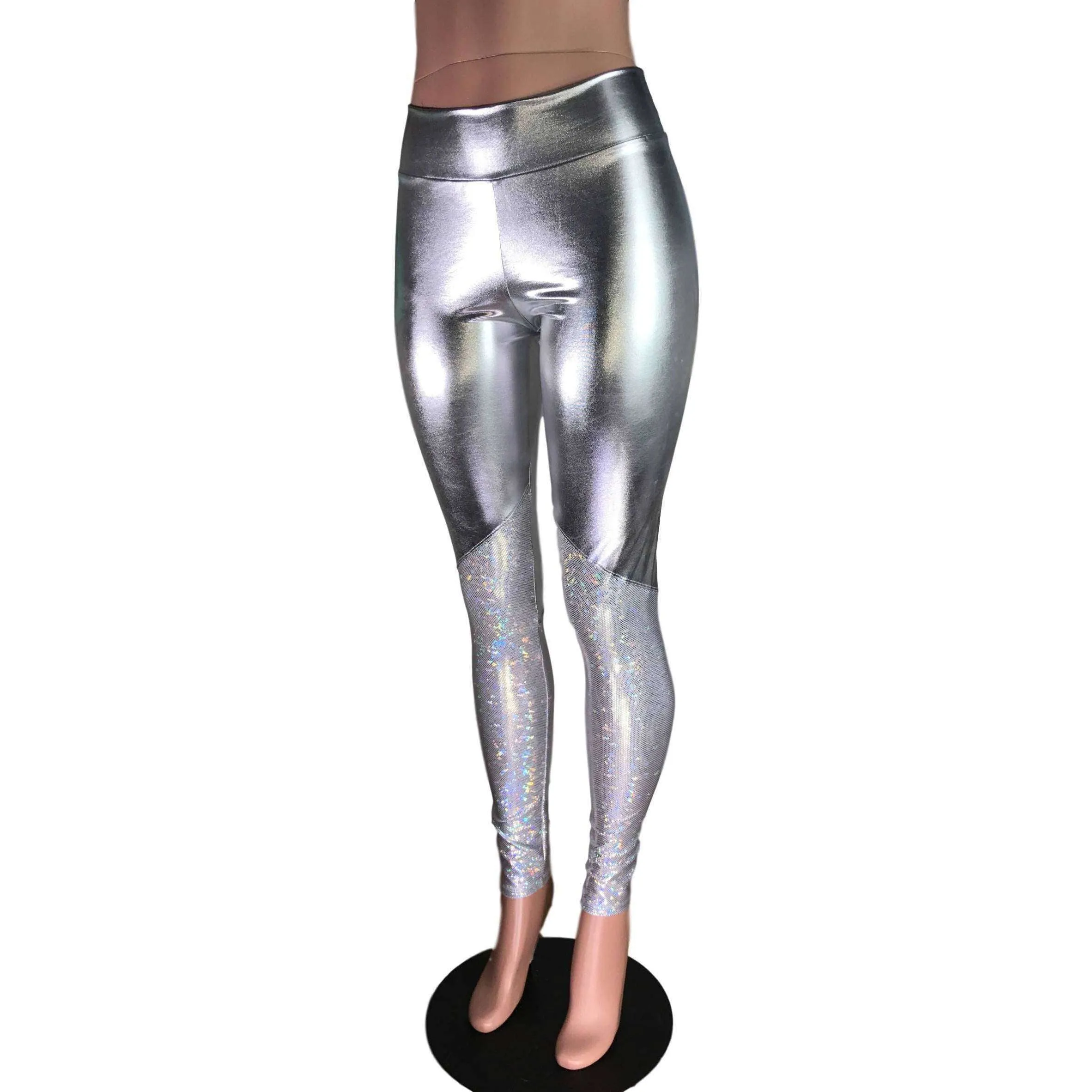Metallic Silver and Shattered Glass Mid-Rise Leggings Pants