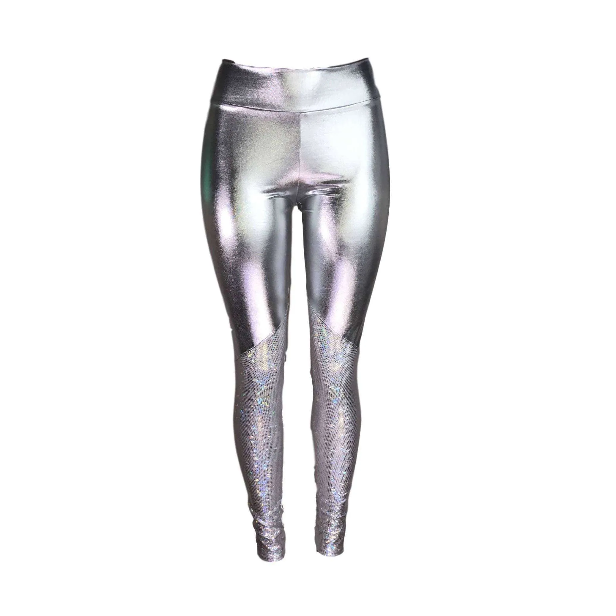 Metallic Silver and Shattered Glass Mid-Rise Leggings Pants