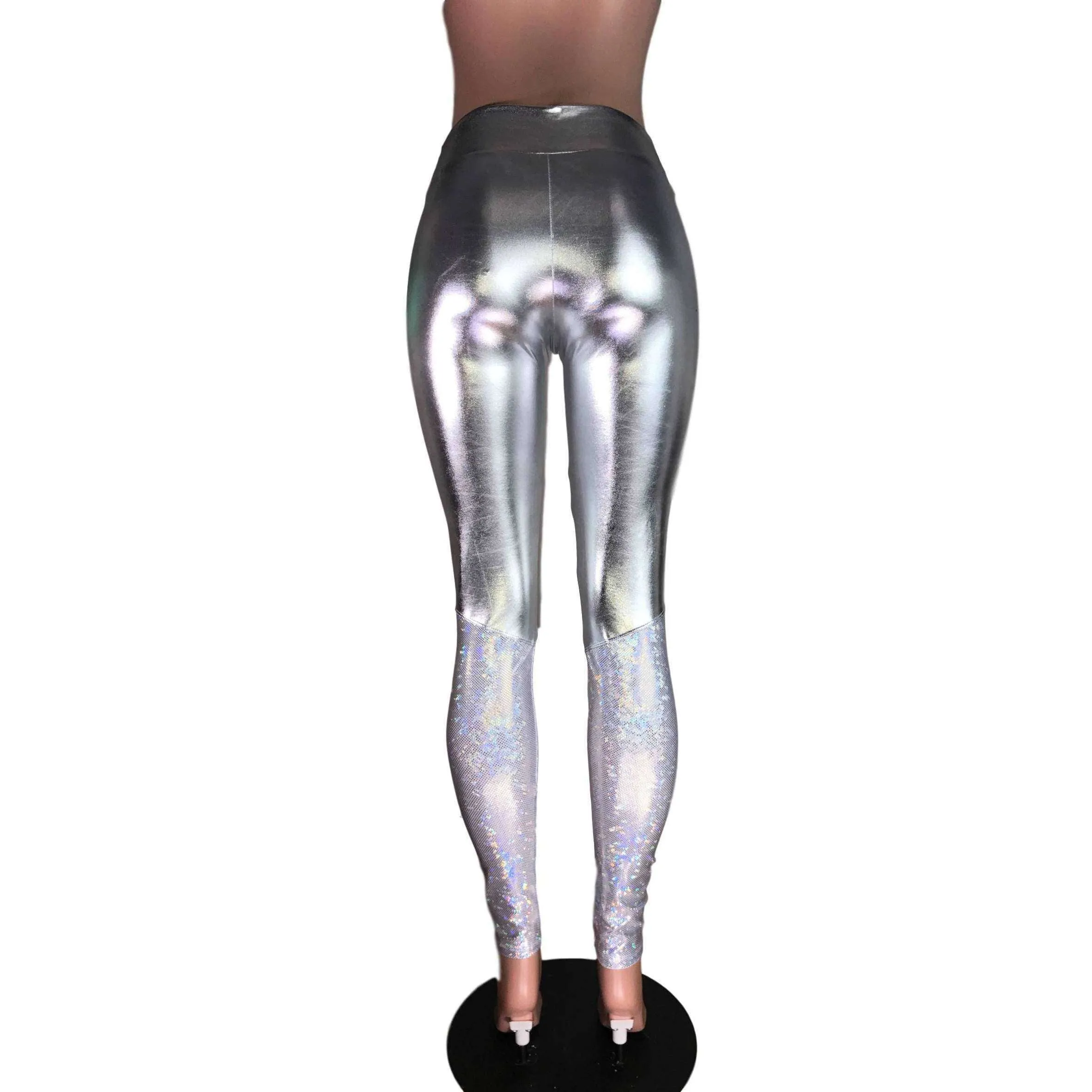 Metallic Silver and Shattered Glass Mid-Rise Leggings Pants