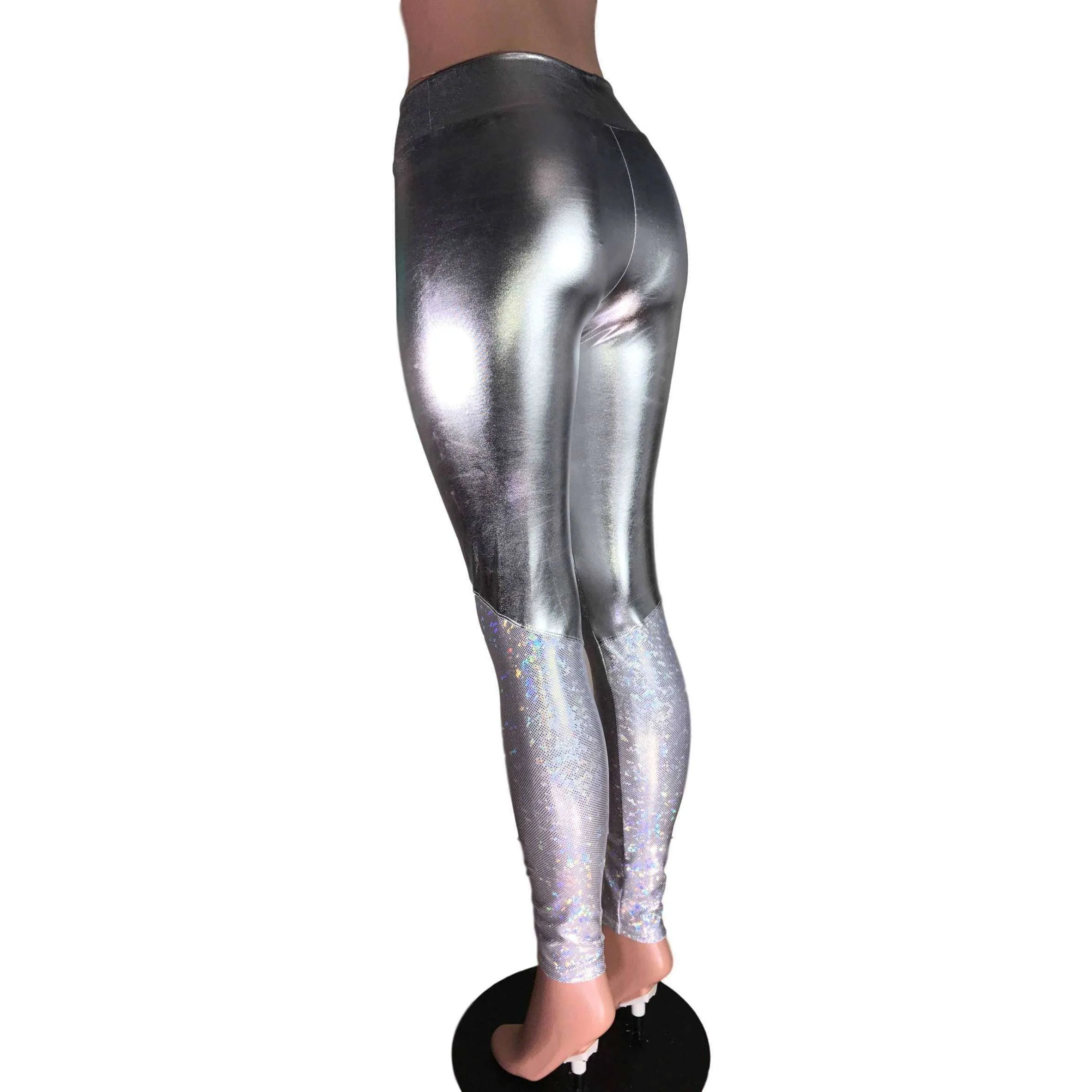 Metallic Silver and Shattered Glass Mid-Rise Leggings Pants