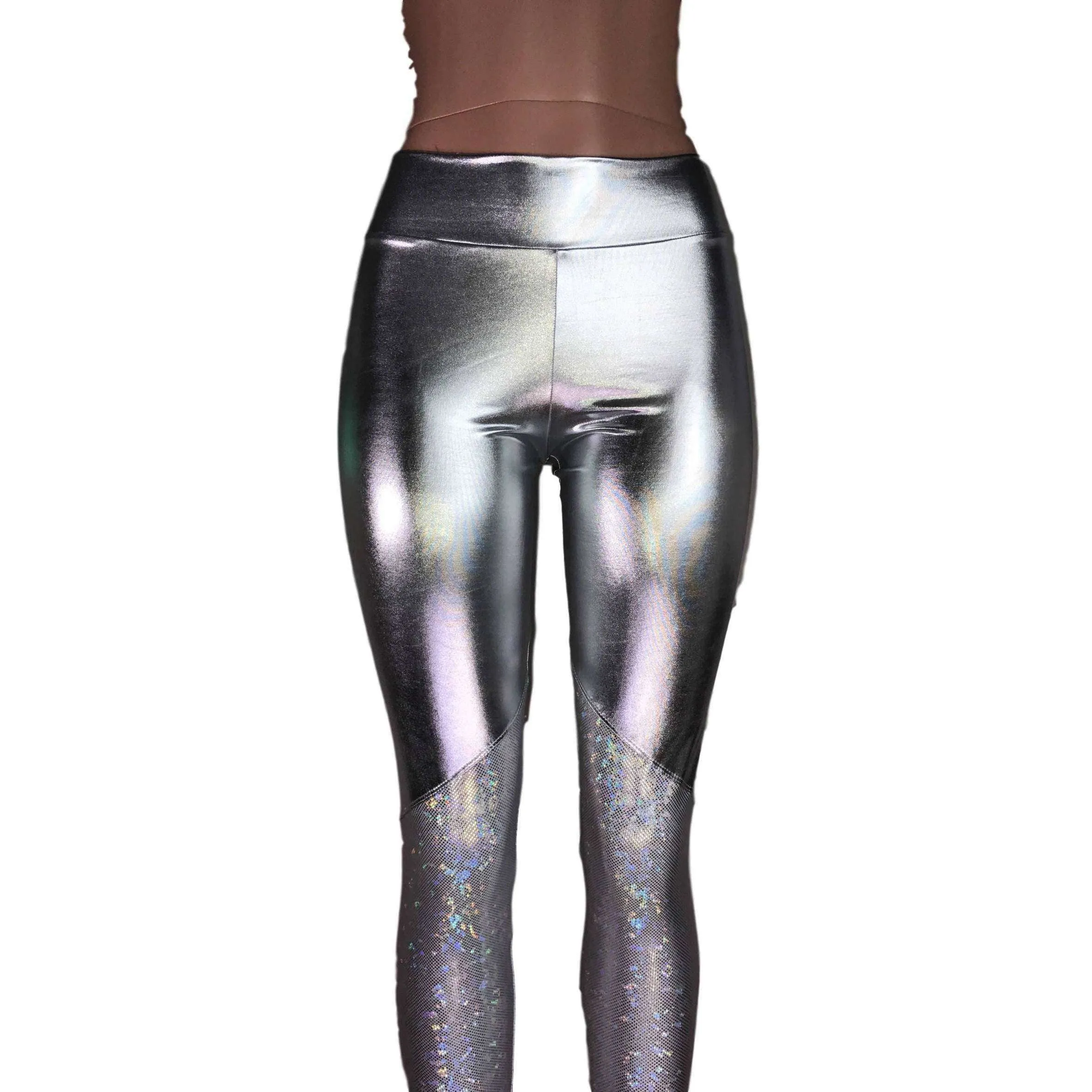 Metallic Silver and Shattered Glass Mid-Rise Leggings Pants