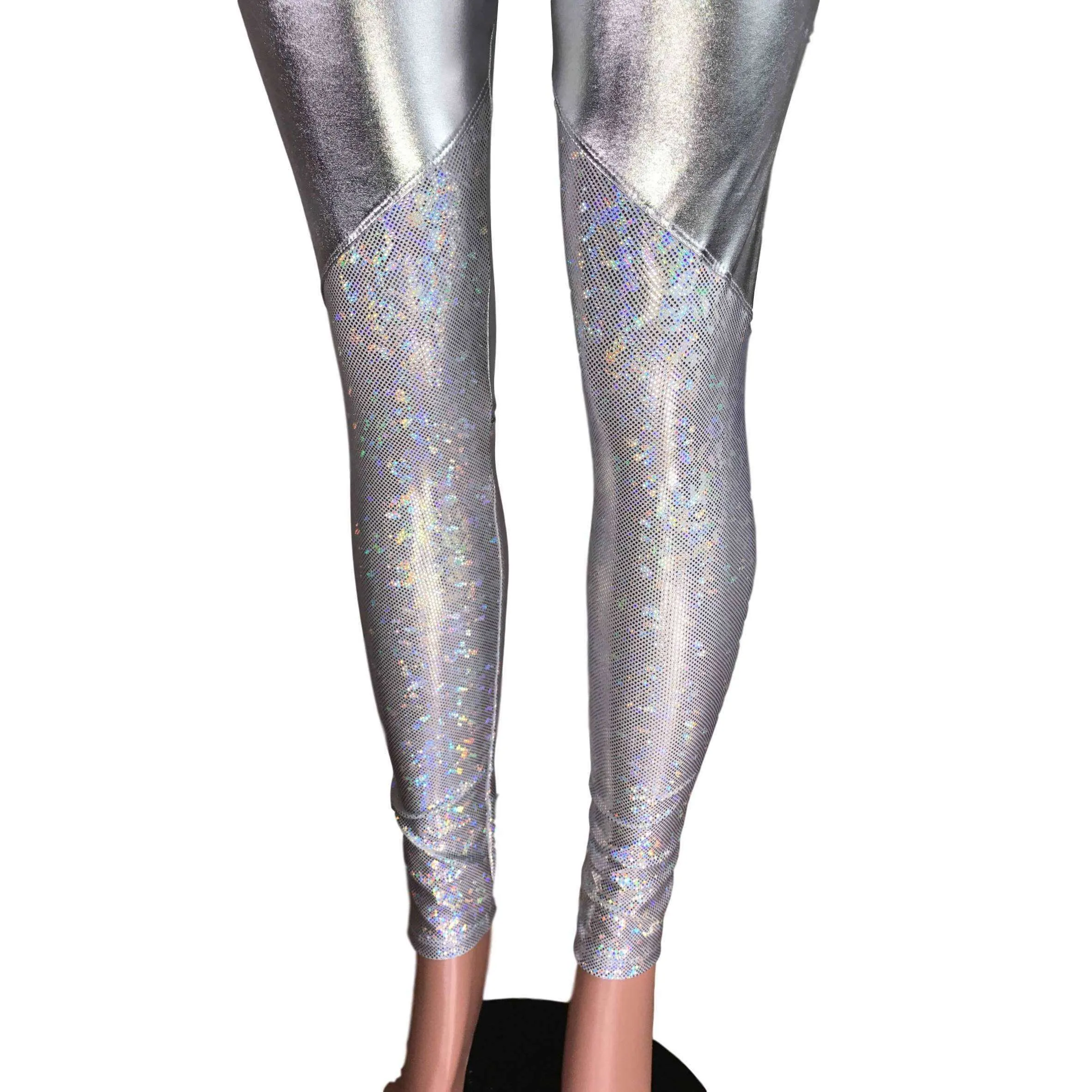 Metallic Silver and Shattered Glass Mid-Rise Leggings Pants