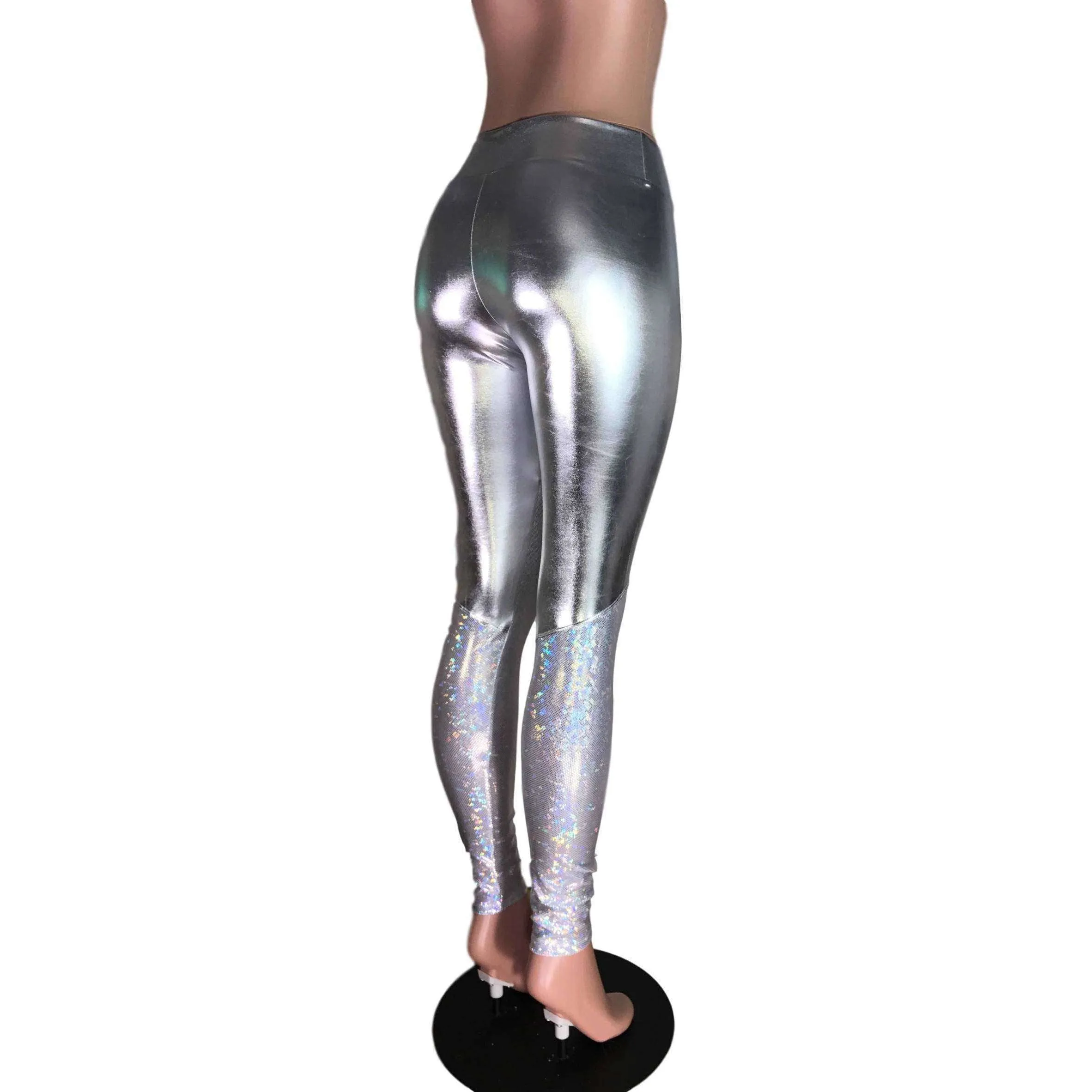 Metallic Silver and Shattered Glass Mid-Rise Leggings Pants