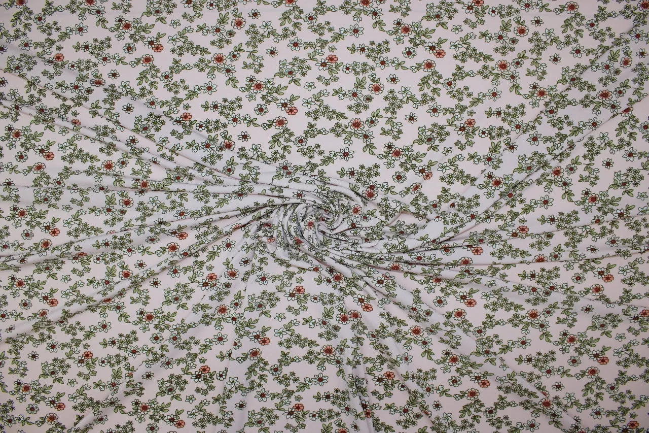 Mini Florals Crepe Finish ITY - Greens/Orange/White on Soft Pink