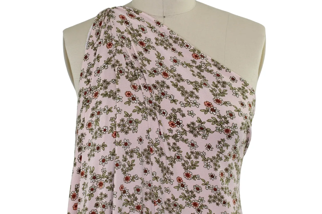 Mini Florals Crepe Finish ITY - Greens/Orange/White on Soft Pink