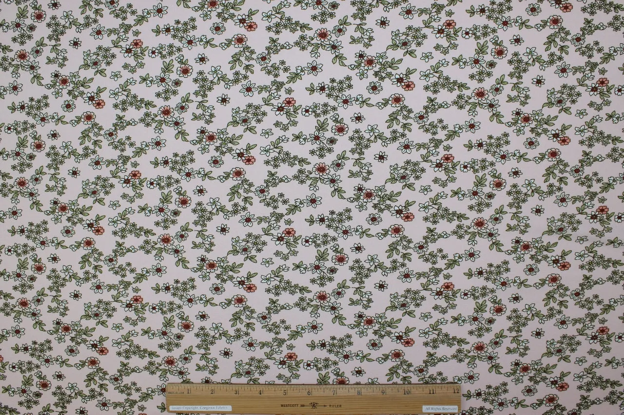 Mini Florals Crepe Finish ITY - Greens/Orange/White on Soft Pink