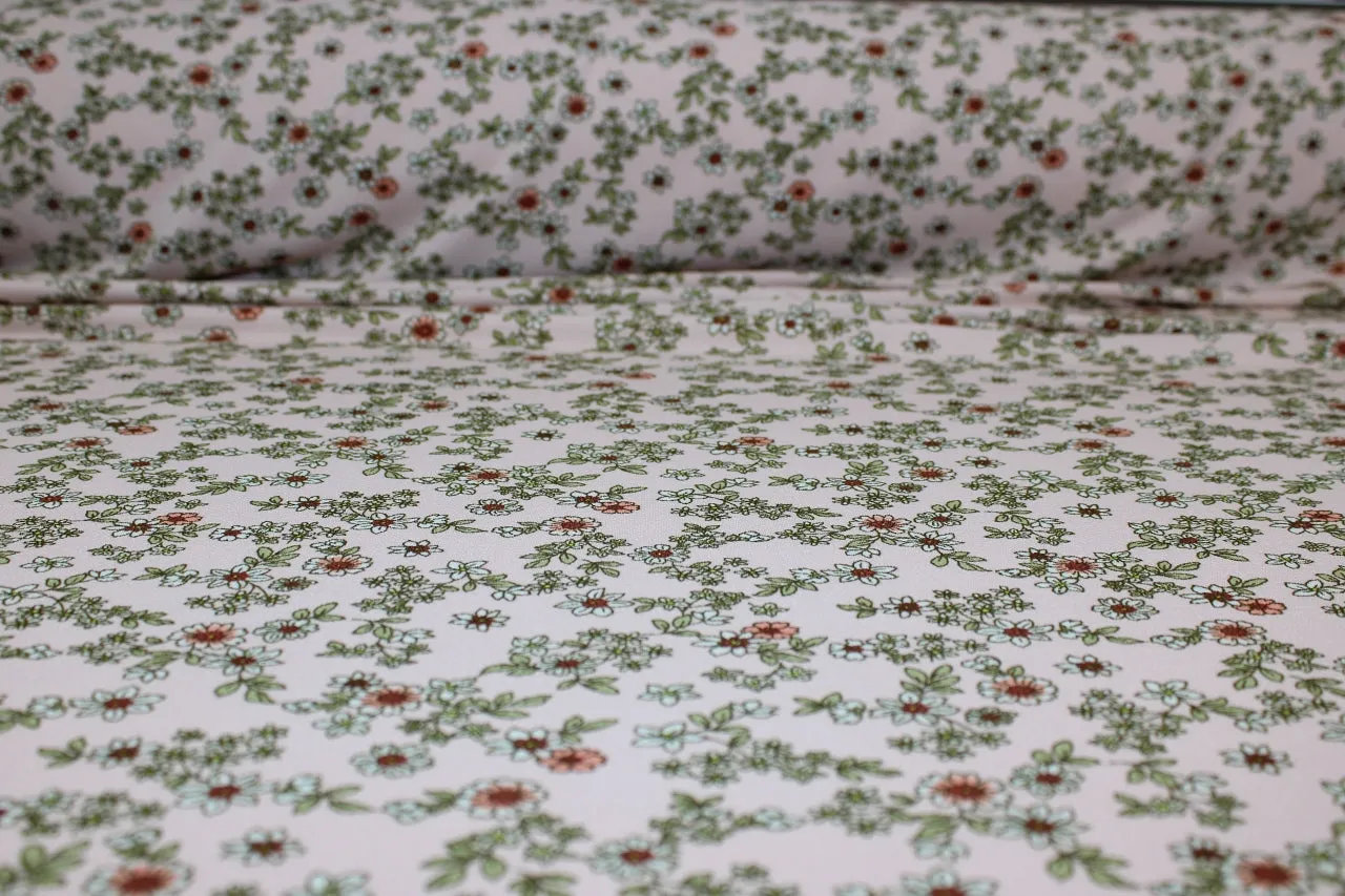Mini Florals Crepe Finish ITY - Greens/Orange/White on Soft Pink