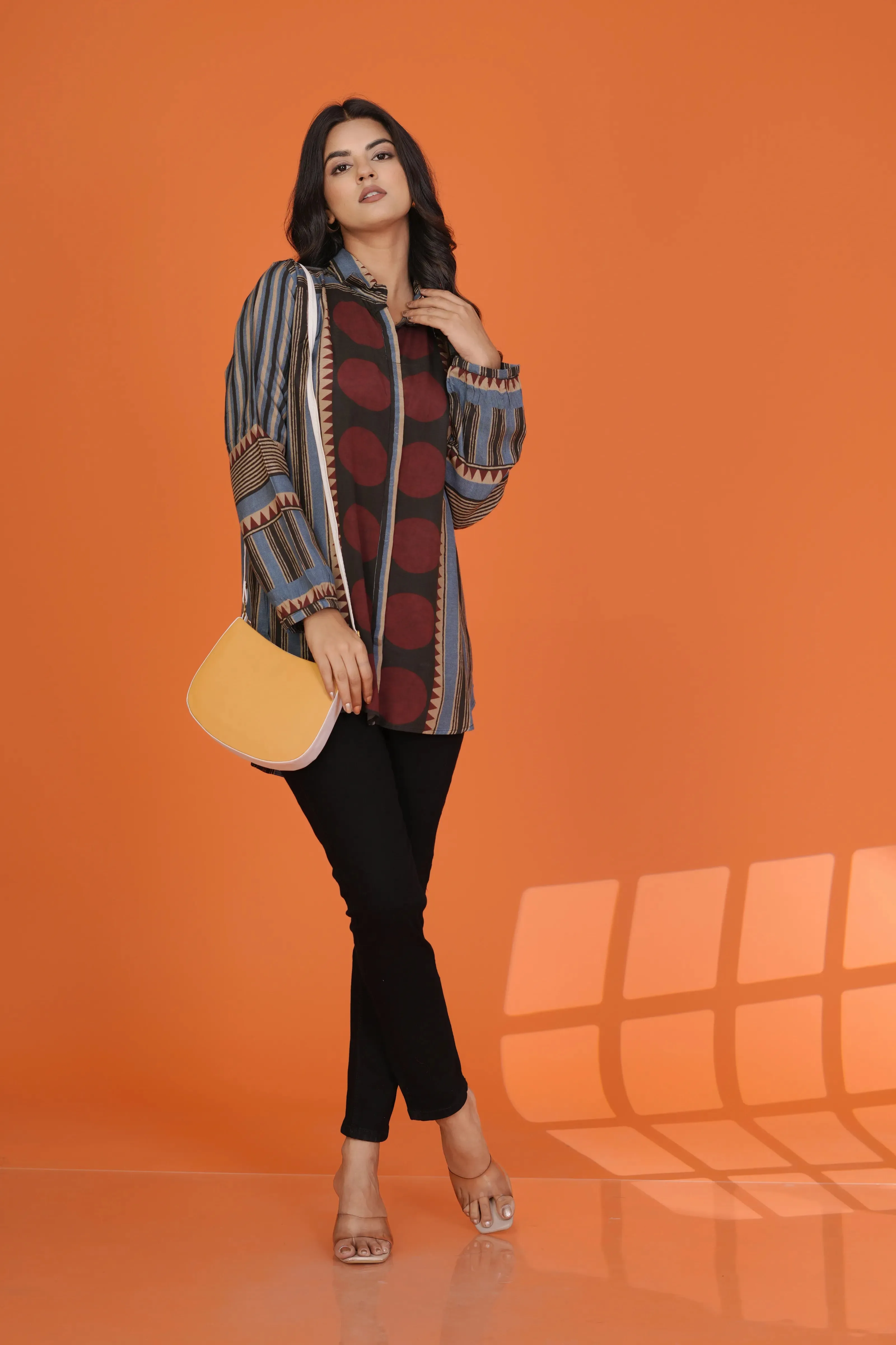 Multicolor Concealed Placket Shirt with Asymmetric Hem in Muslin