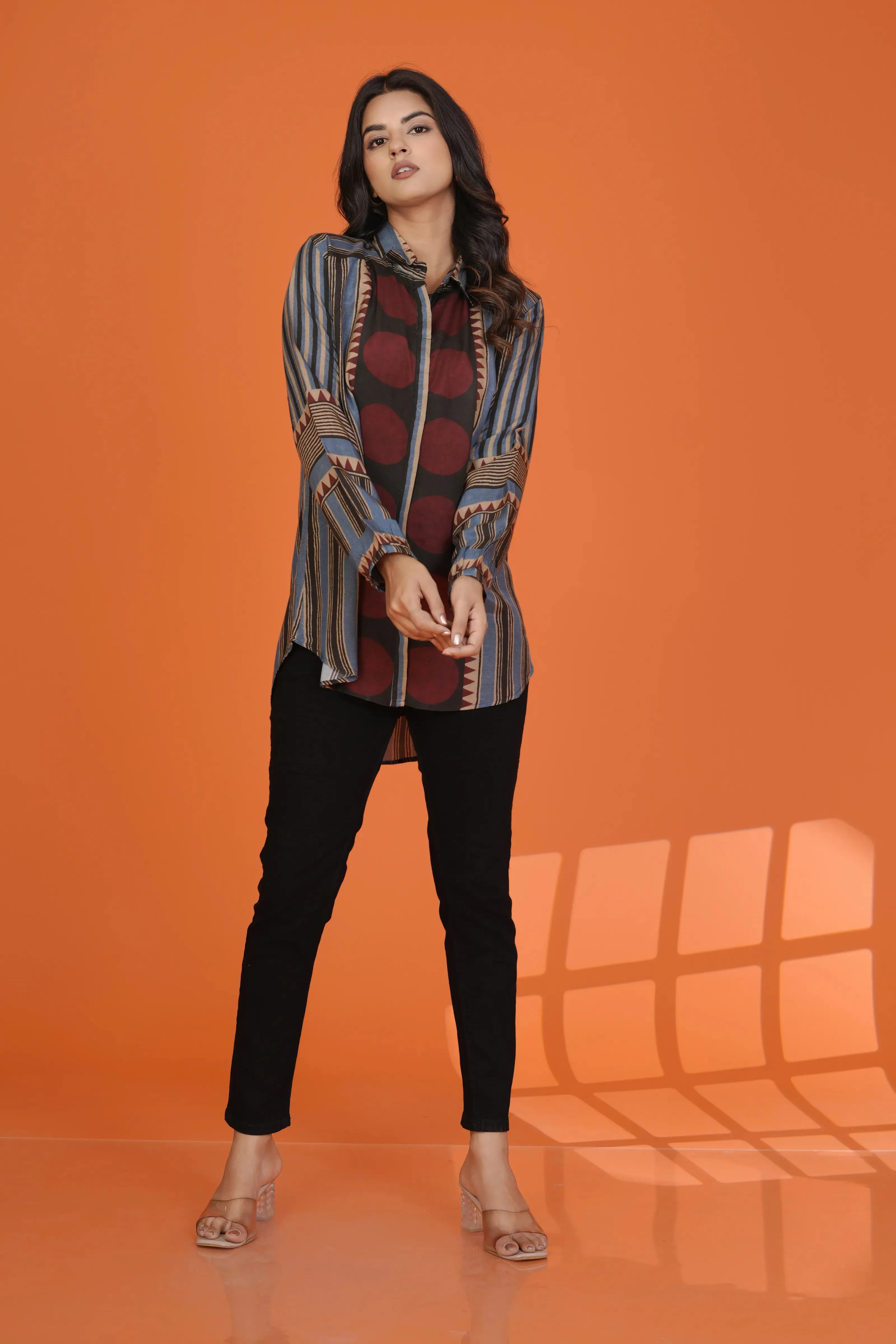 Multicolor Concealed Placket Shirt with Asymmetric Hem in Muslin