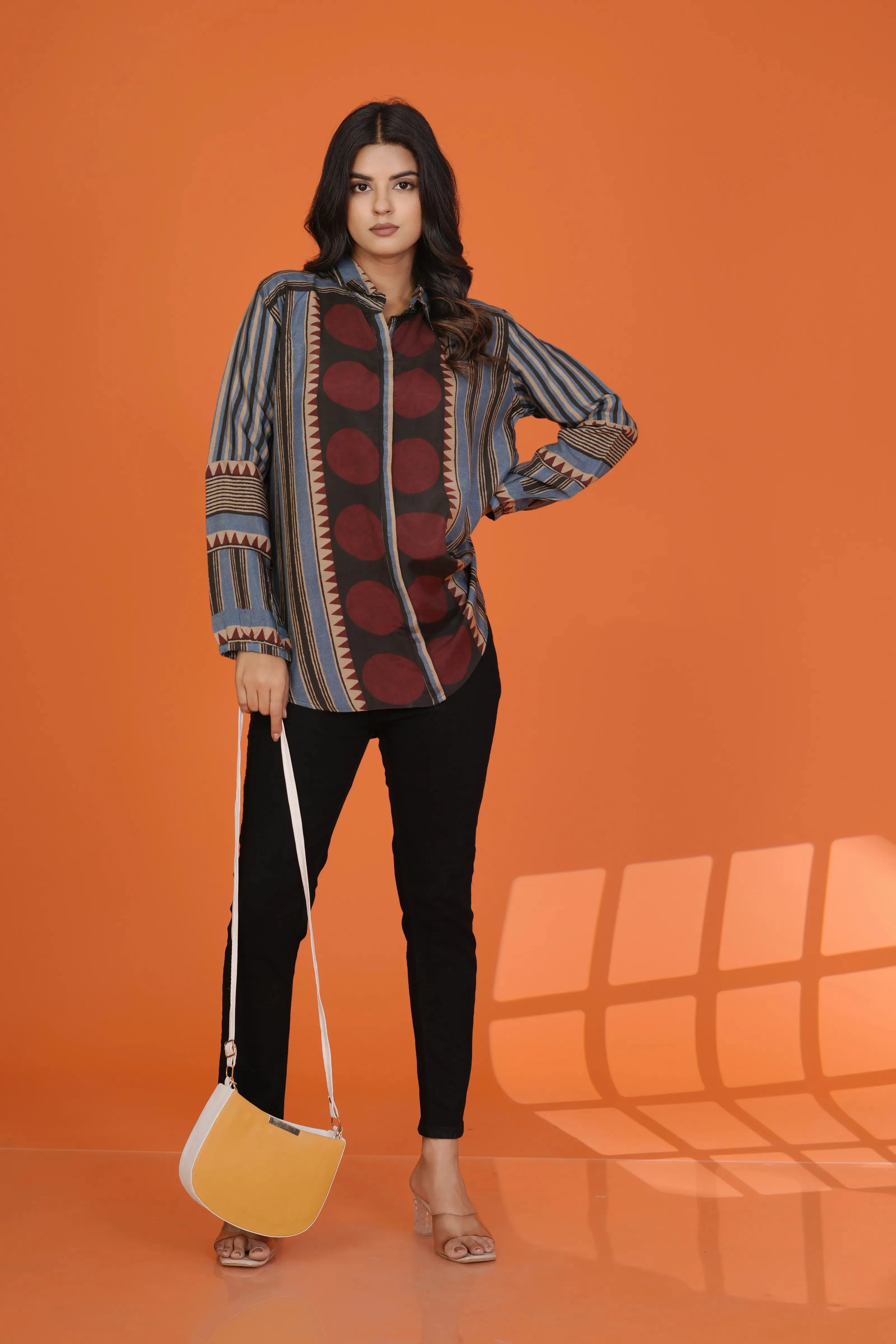 Multicolor Concealed Placket Shirt with Asymmetric Hem in Muslin