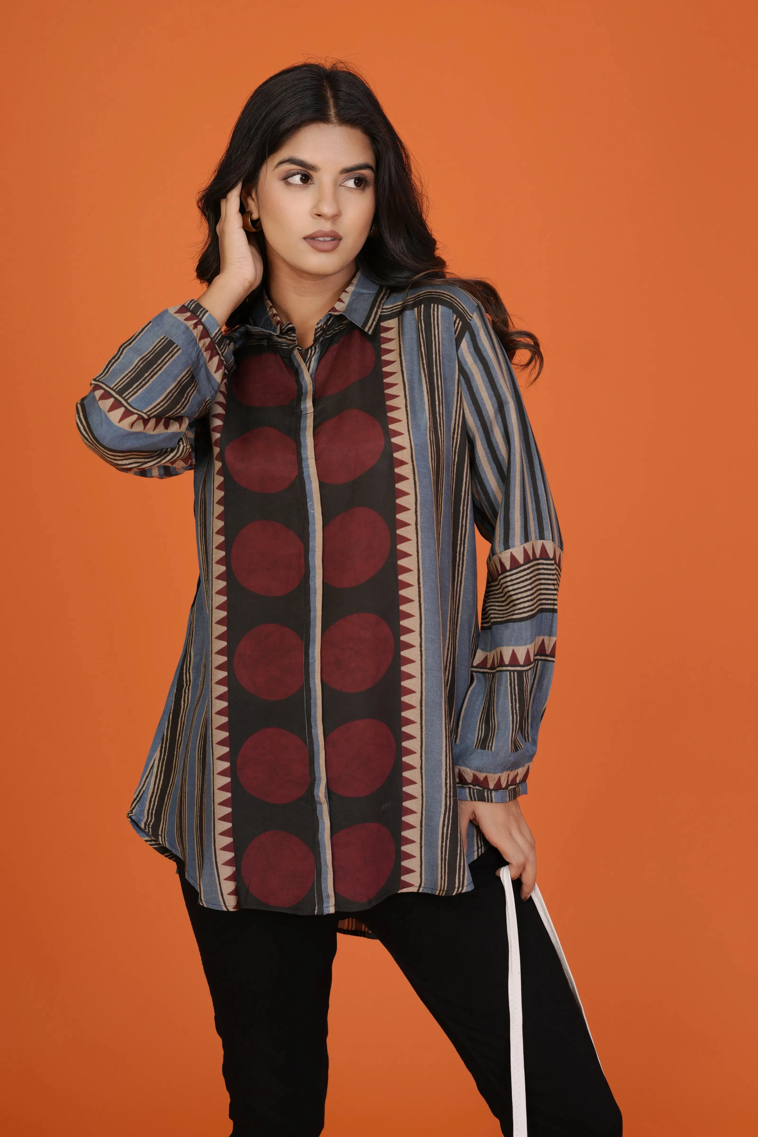 Multicolor Concealed Placket Shirt with Asymmetric Hem in Muslin