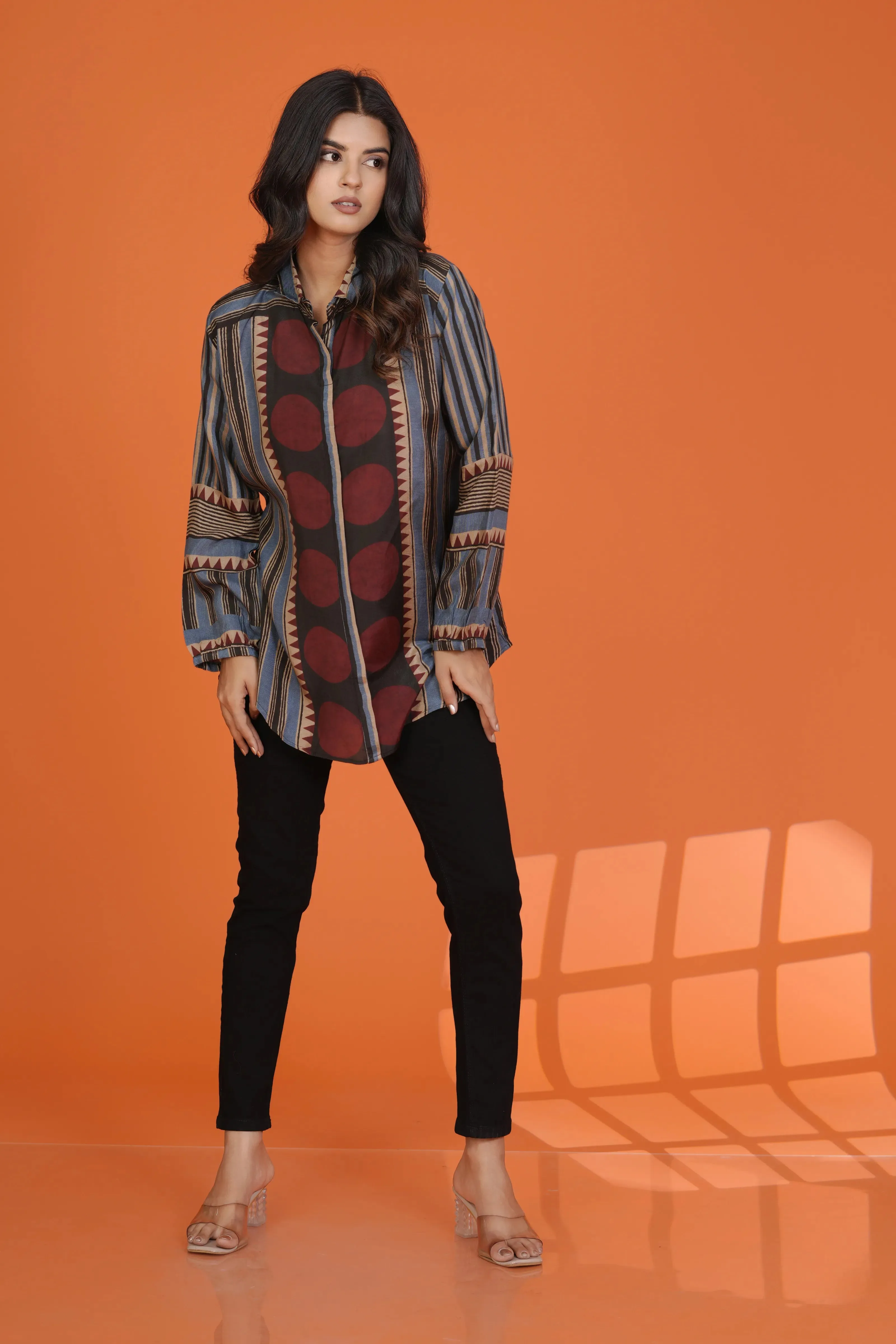 Multicolor Concealed Placket Shirt with Asymmetric Hem in Muslin