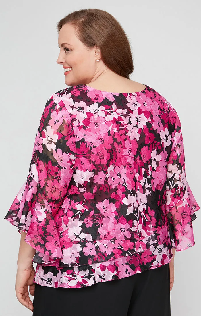 Plus Floral Chiffon Blouse with Asymmetric Triple Tier Hem & Bell Sleeves