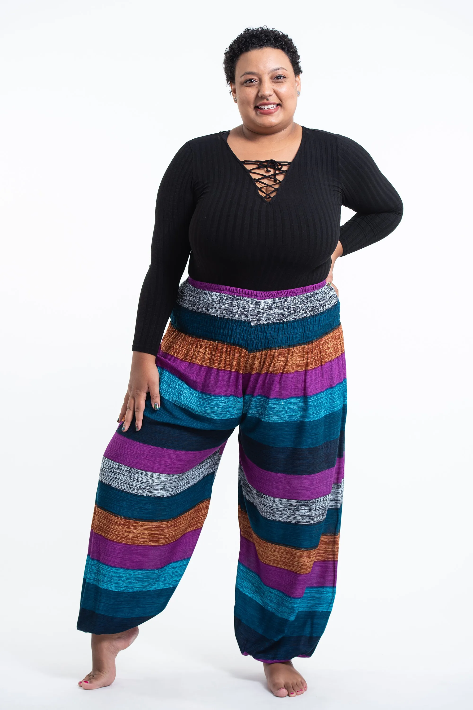 Plus Size Boho Striped Women's Harem Pants in Blue