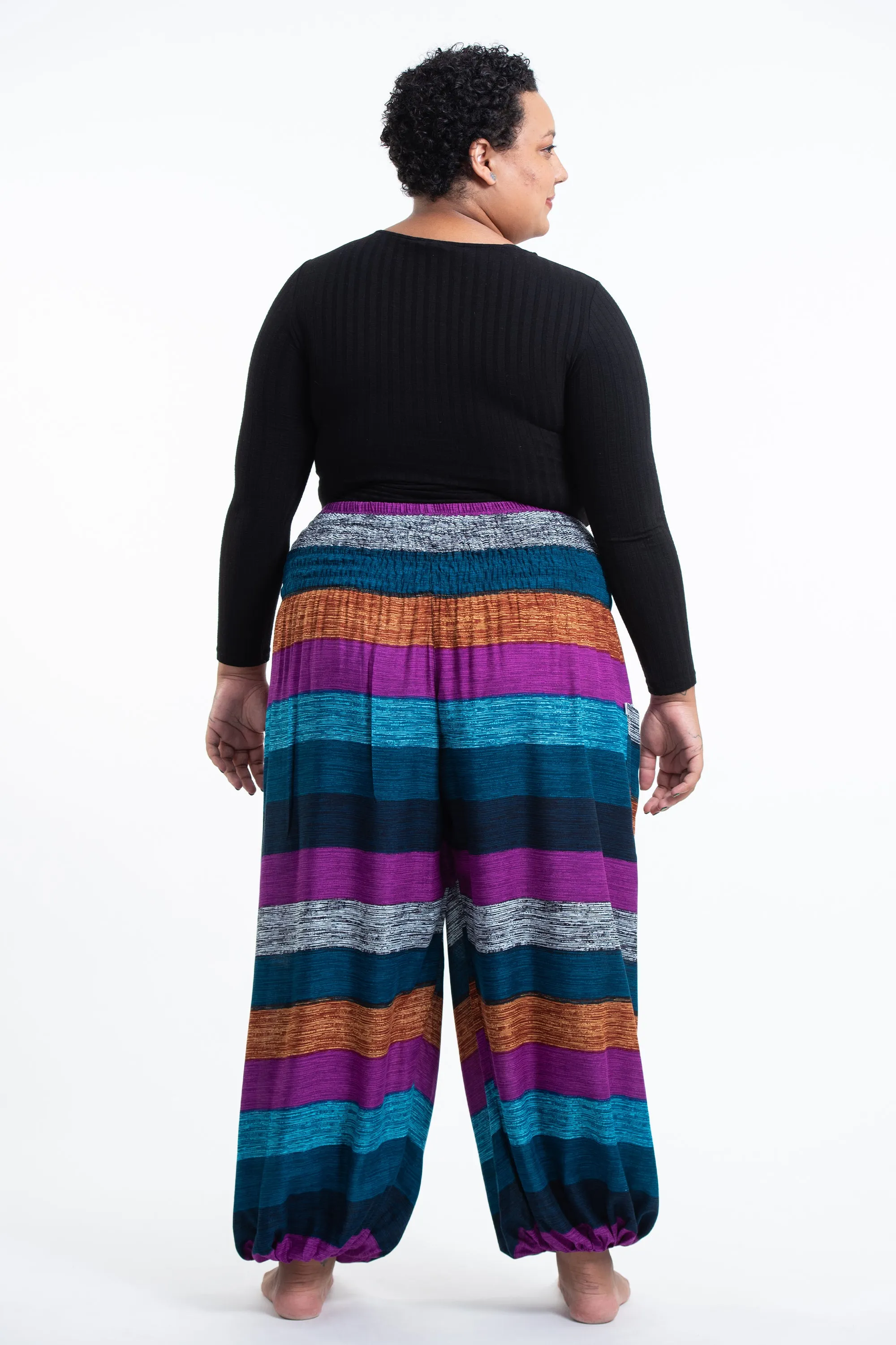 Plus Size Boho Striped Women's Harem Pants in Blue