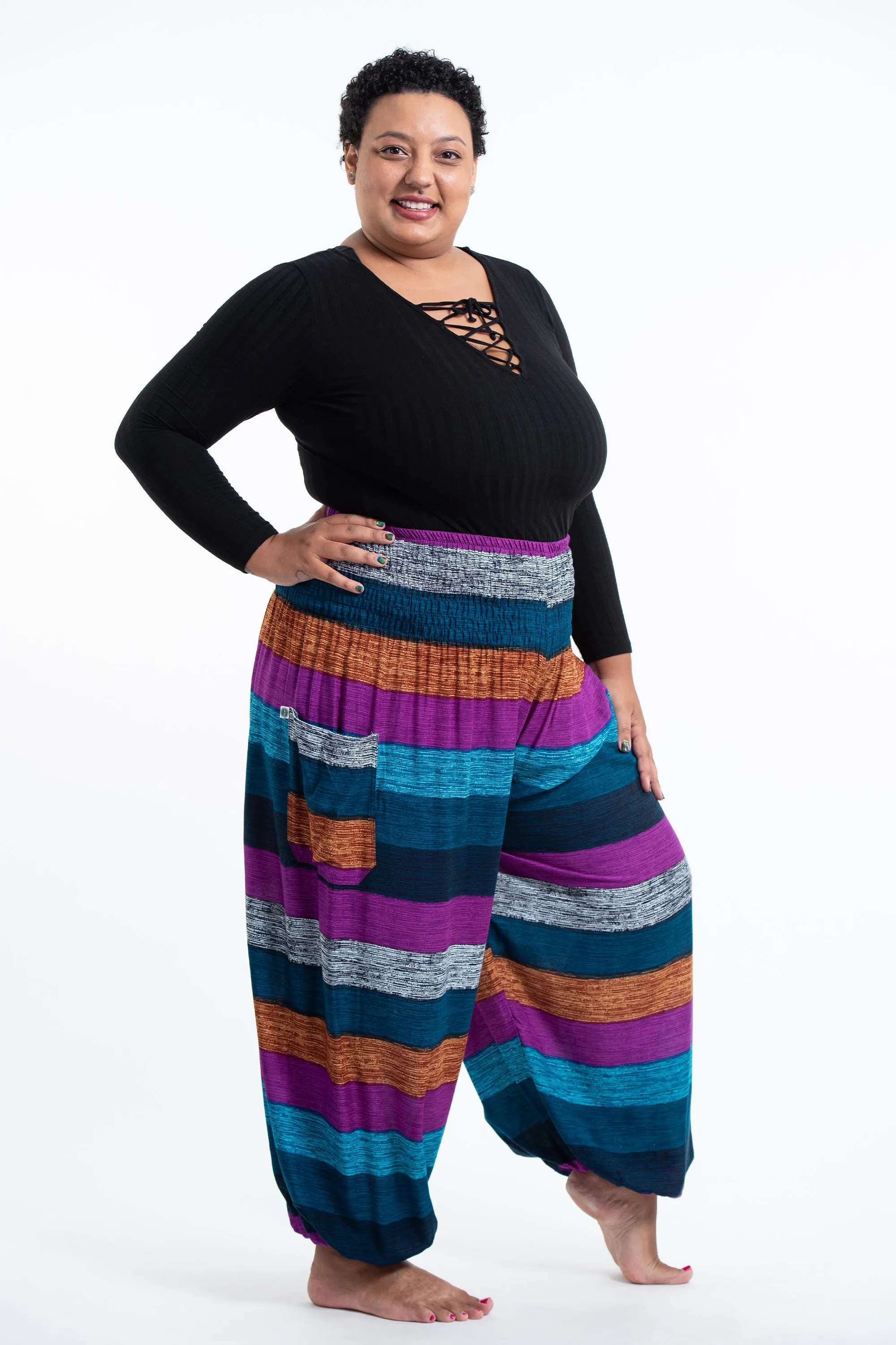 Plus Size Boho Striped Women's Harem Pants in Blue