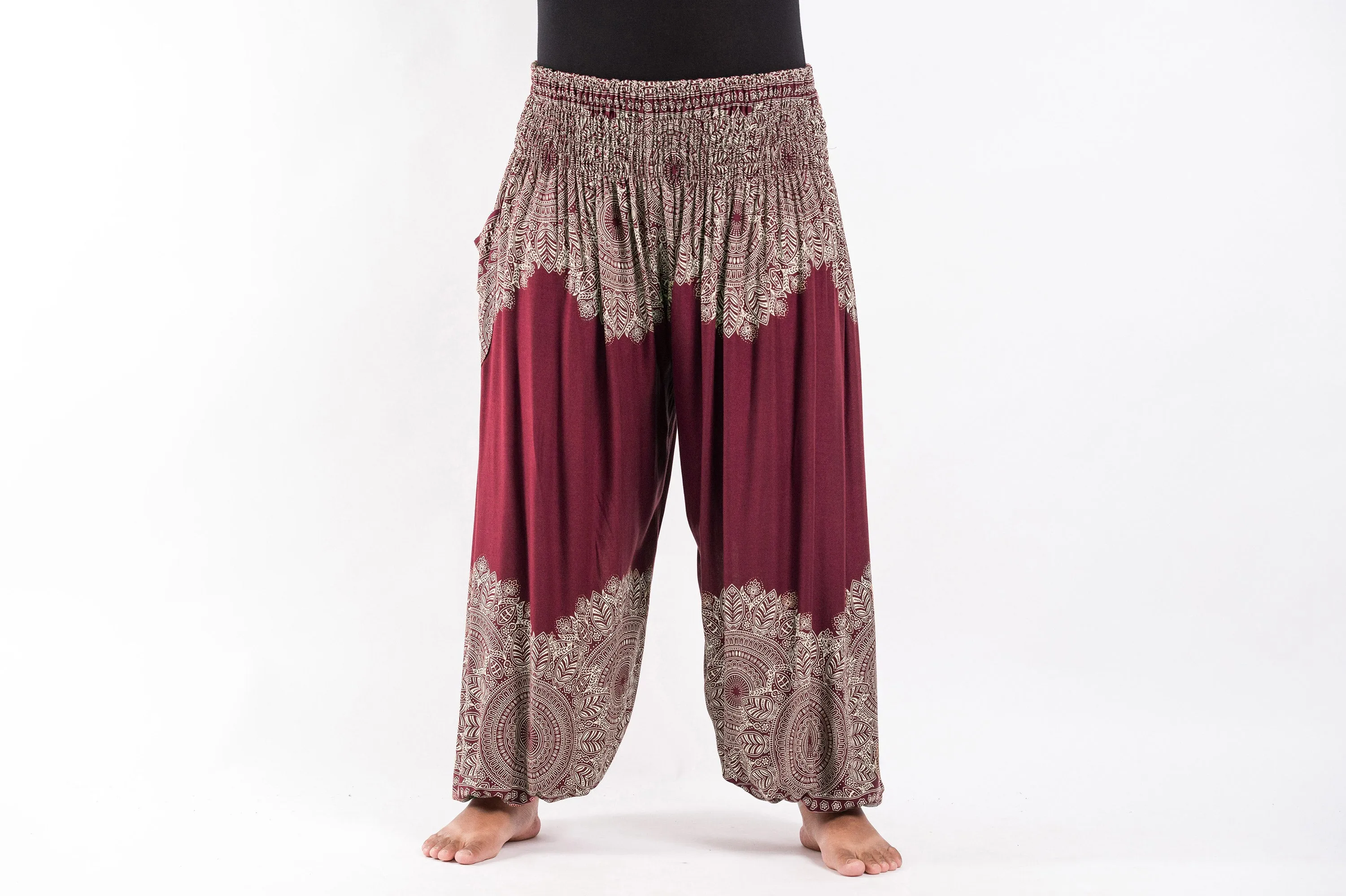 Plus Size Floral Mandalas Women's Harem Pants in Maroon