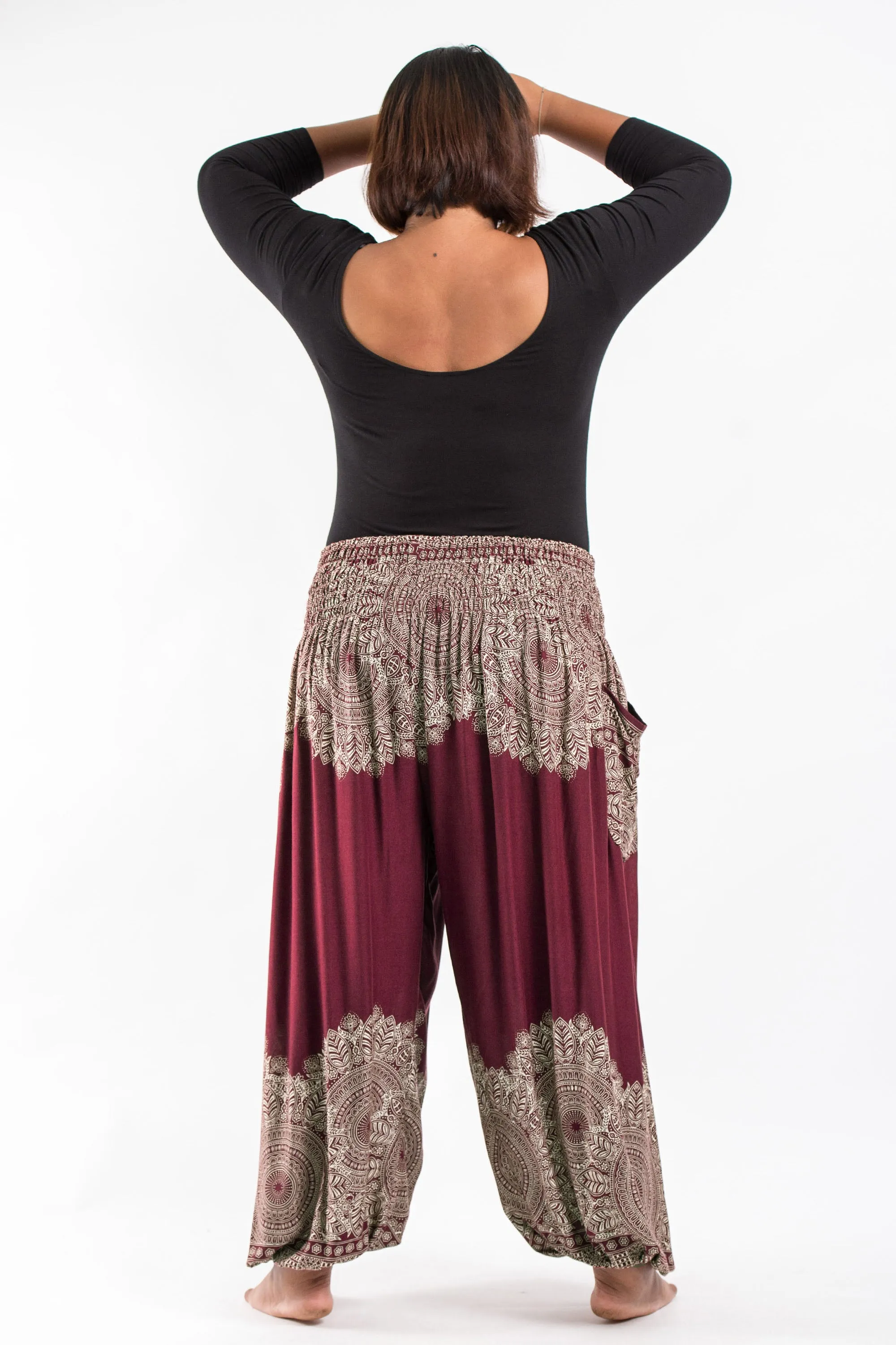 Plus Size Floral Mandalas Women's Harem Pants in Maroon