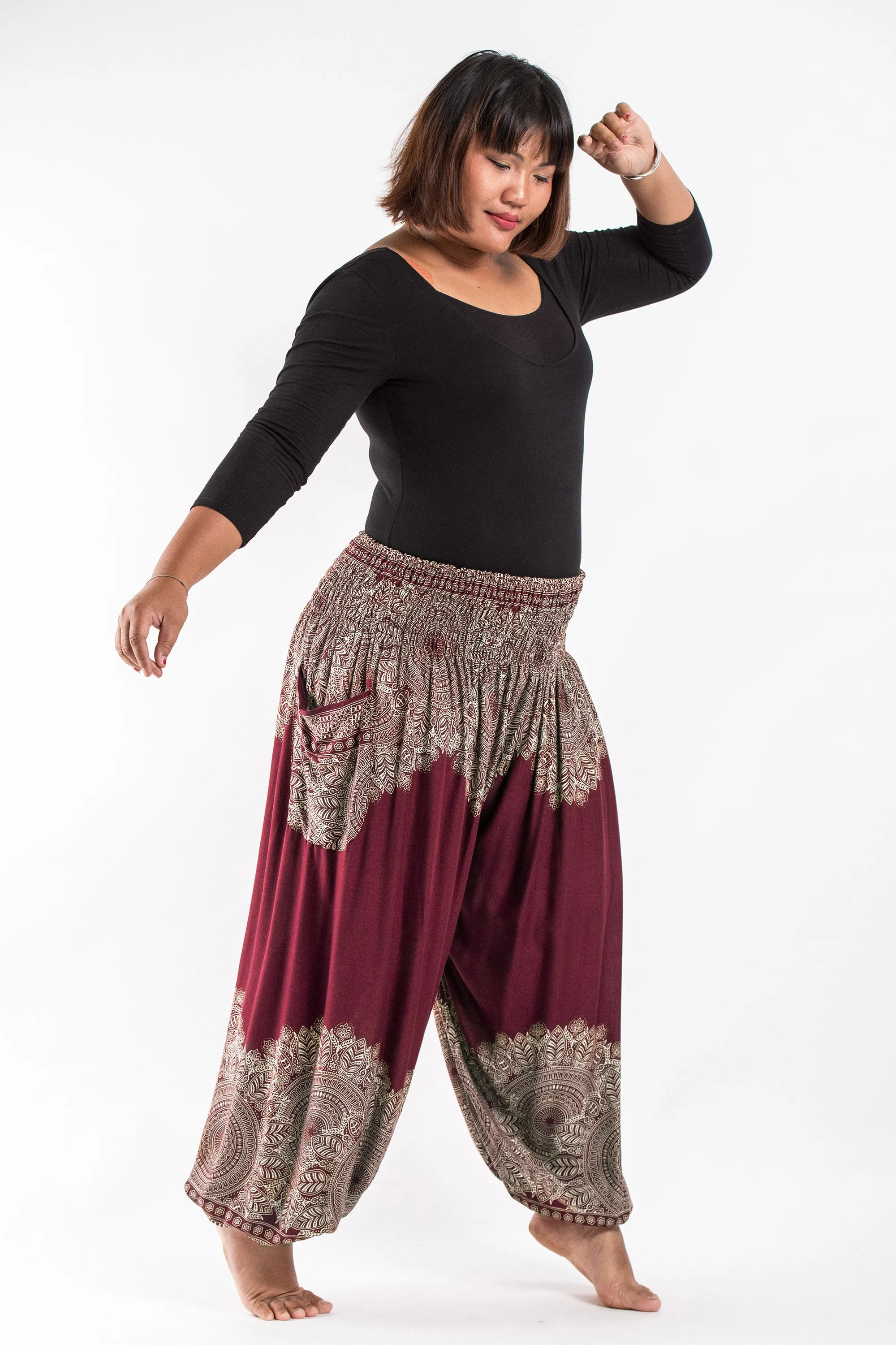 Plus Size Floral Mandalas Women's Harem Pants in Maroon