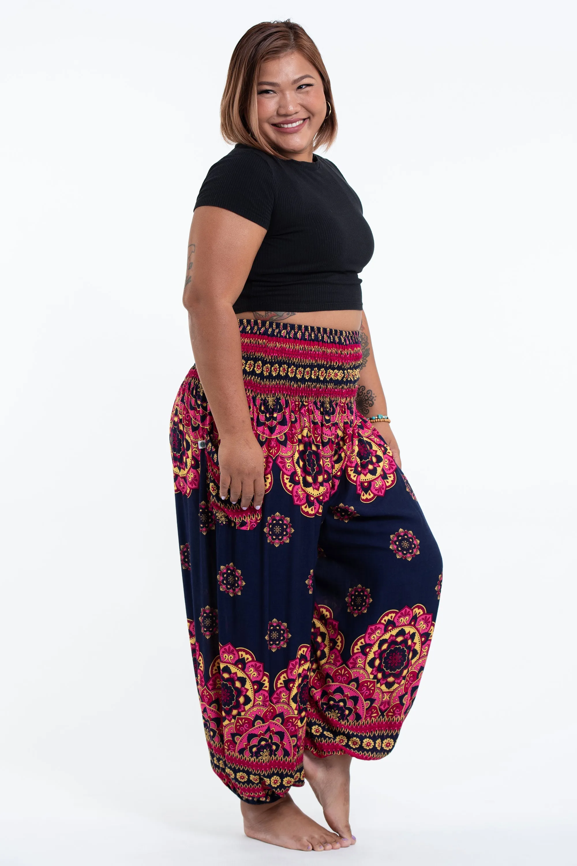 Plus Size Lotus Mandalas Women's Harem Pants in Navy