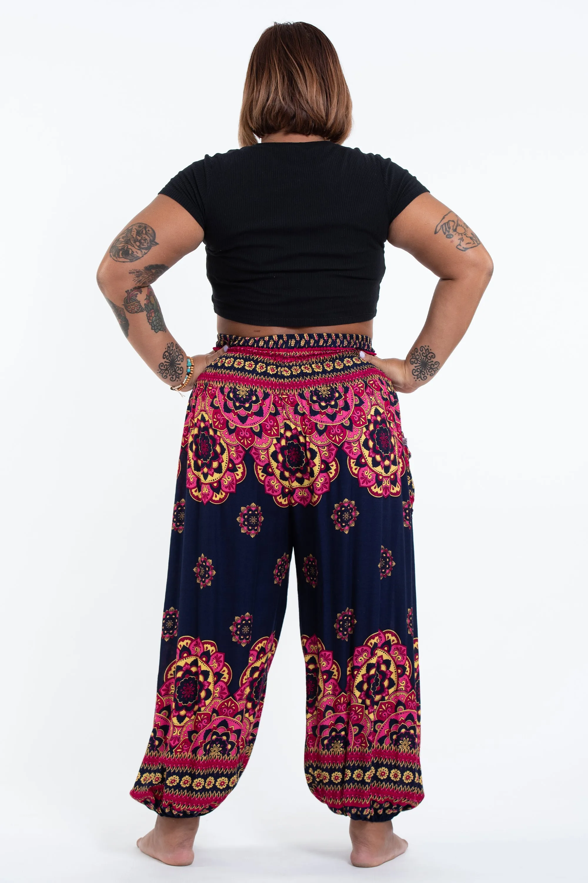 Plus Size Lotus Mandalas Women's Harem Pants in Navy