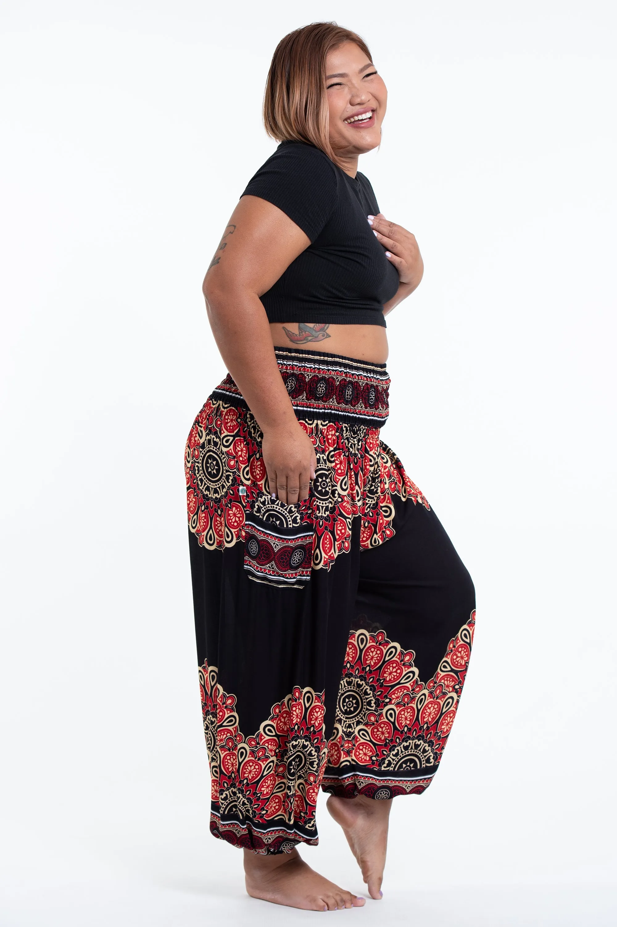 Plus Size Peony Mandalas Women's Harem Pants in Black