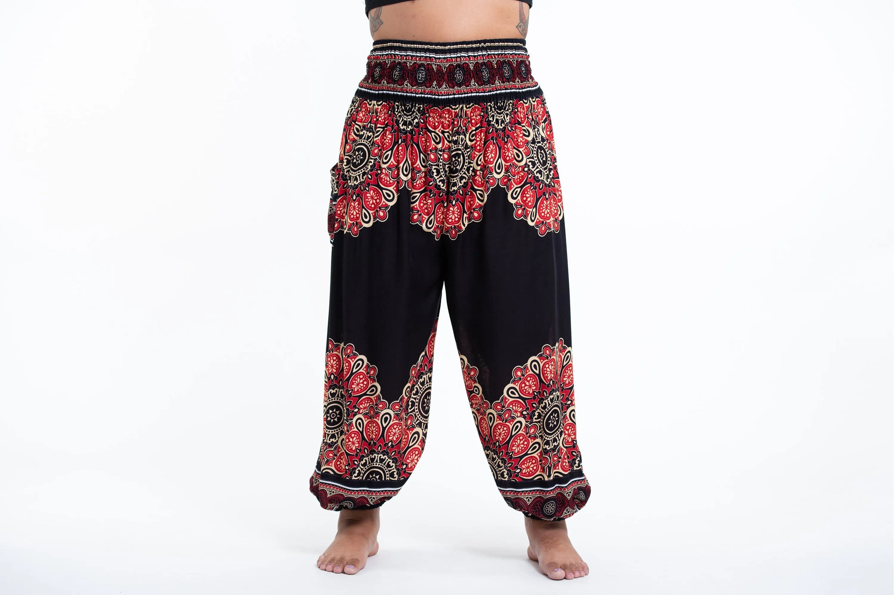 Plus Size Peony Mandalas Women's Harem Pants in Black