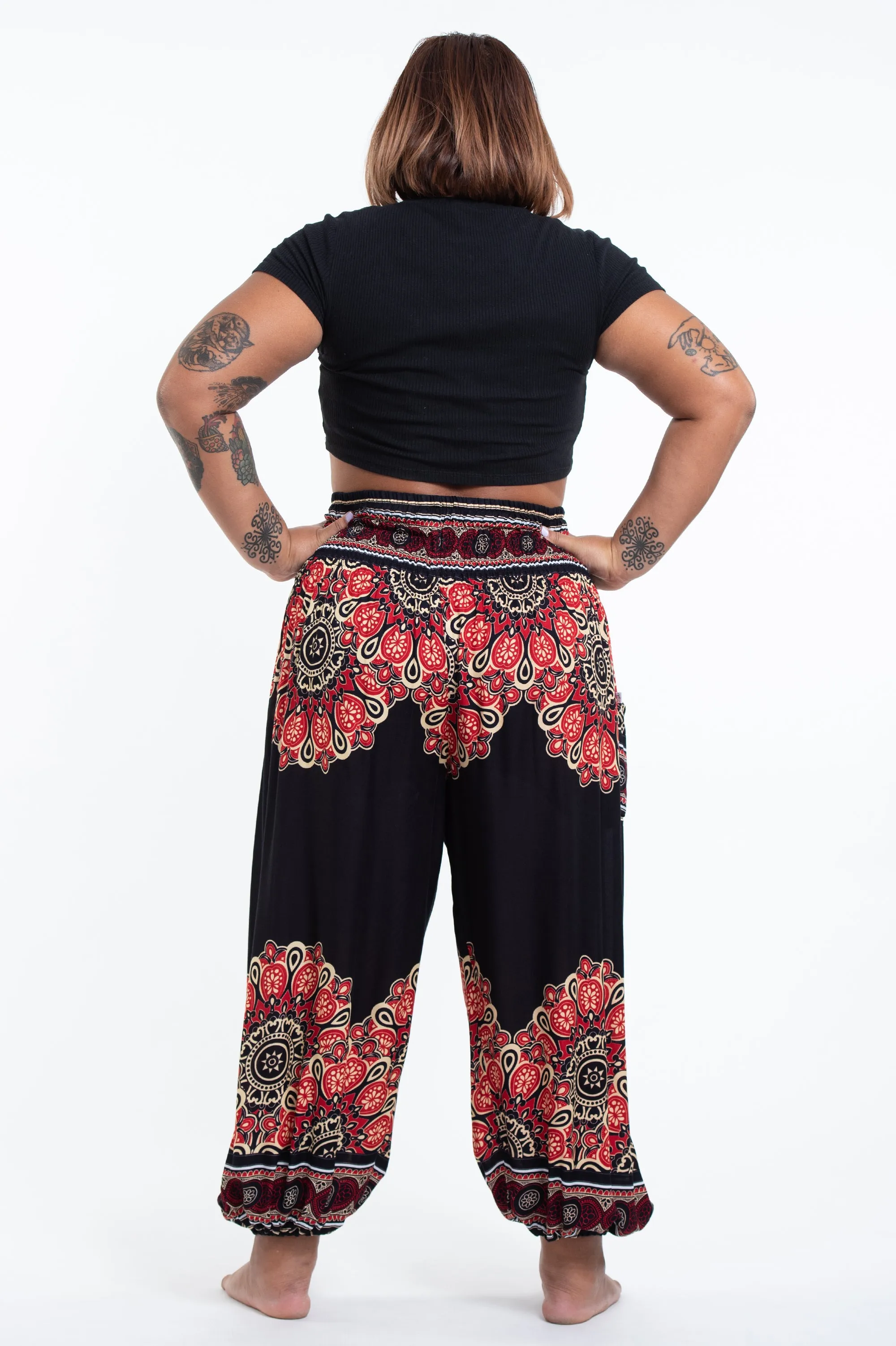 Plus Size Peony Mandalas Women's Harem Pants in Black