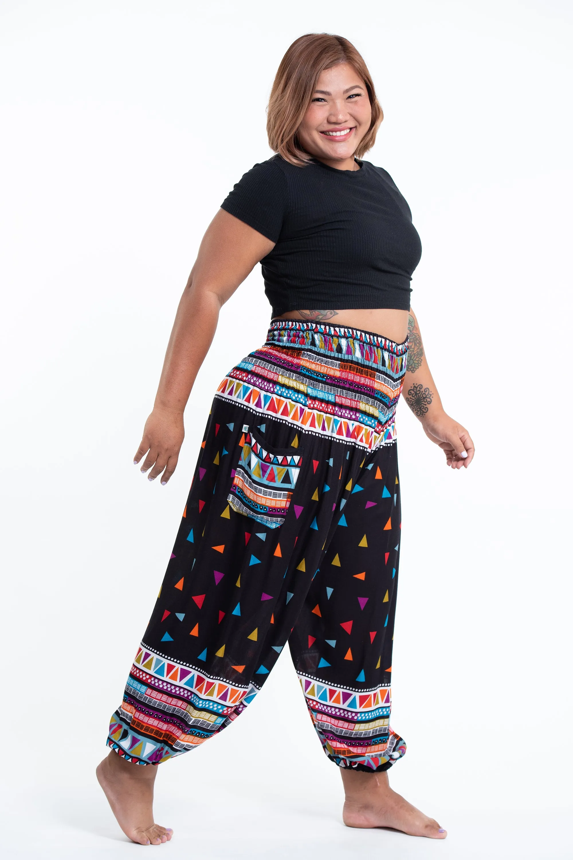 Plus Size Triangles Women's Harem Pants in Black