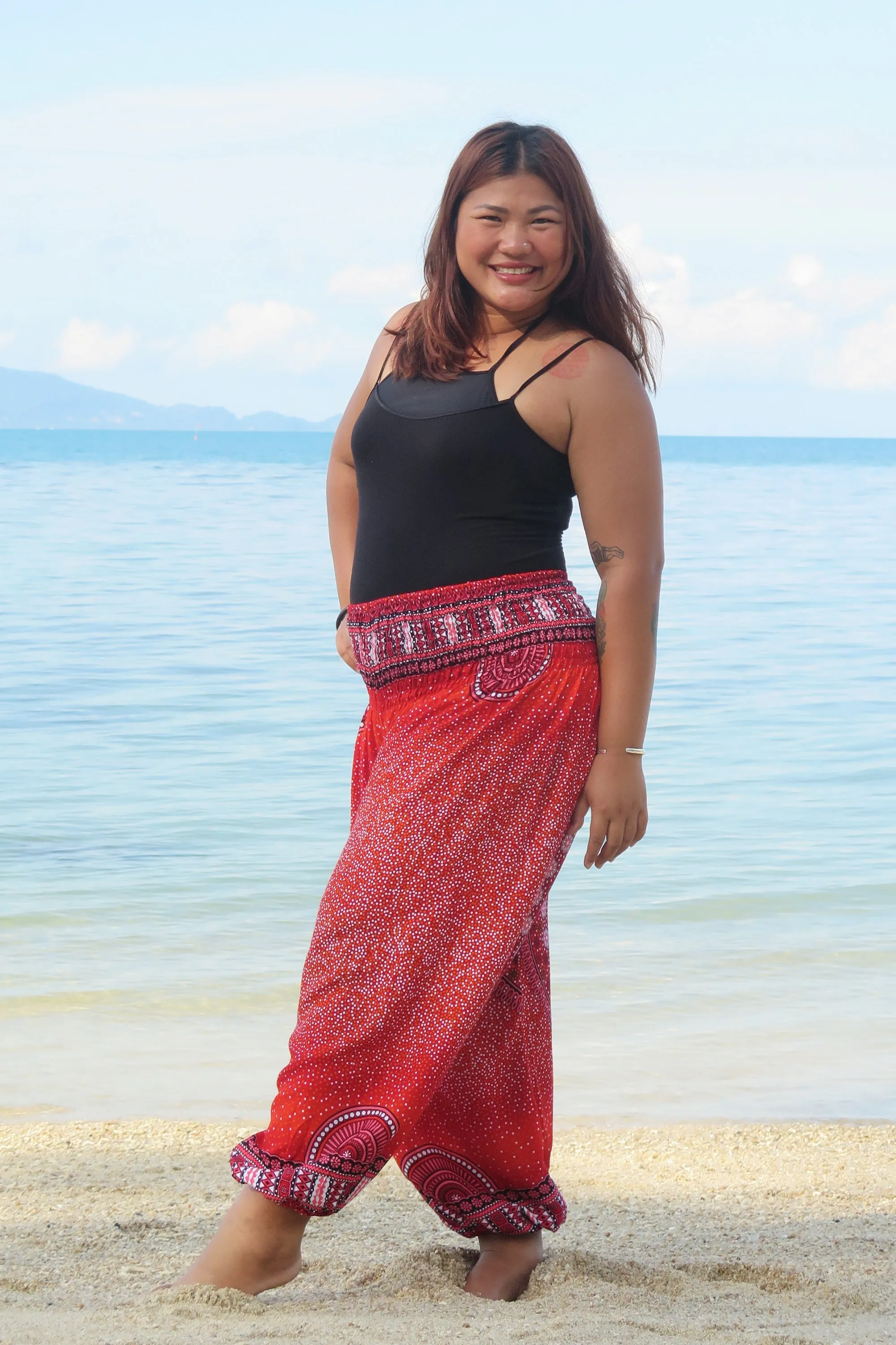 Plus Size Tribal Chakras Women's Harem Pants in Red