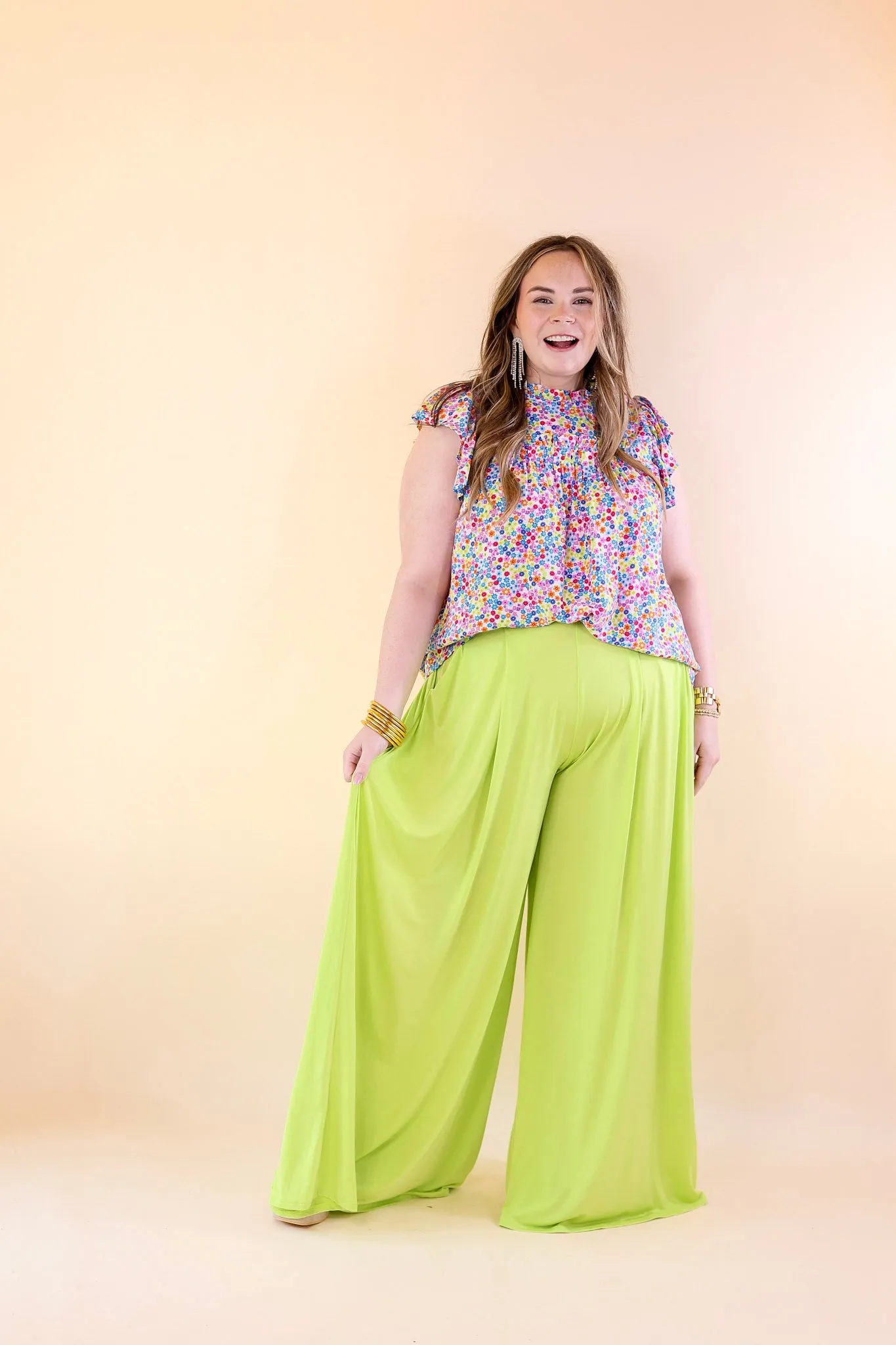 Plus Size | Urban Wonders Wide Leg Pants in Neon Lime