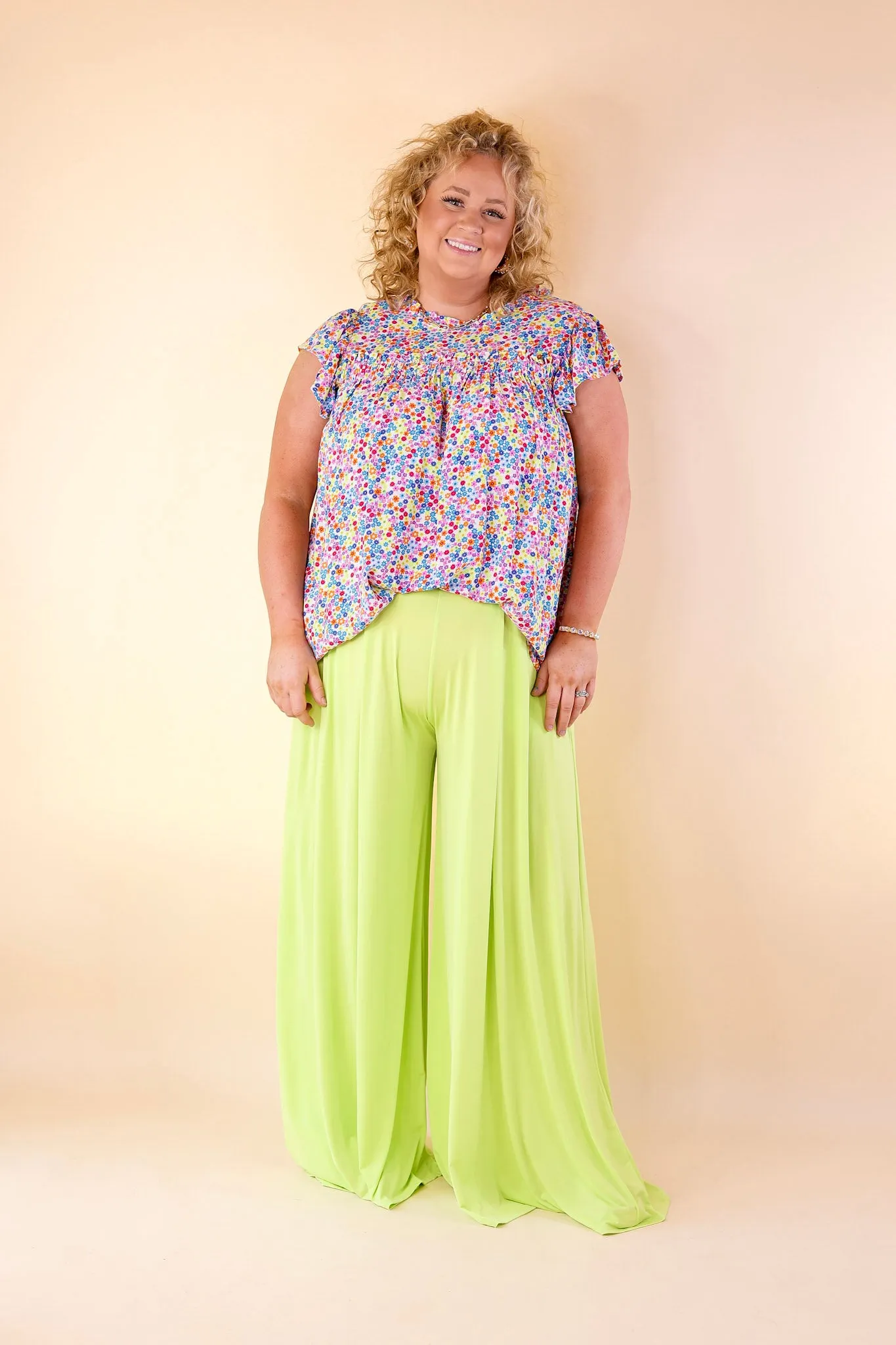 Plus Size | Urban Wonders Wide Leg Pants in Neon Lime