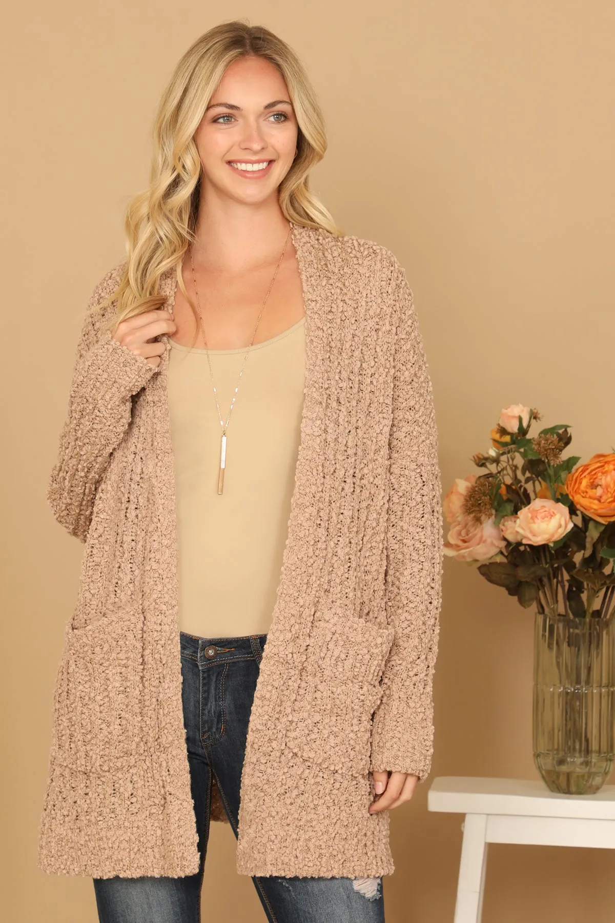 POPCORN FRONT POCKET OPEN CARDIGAN