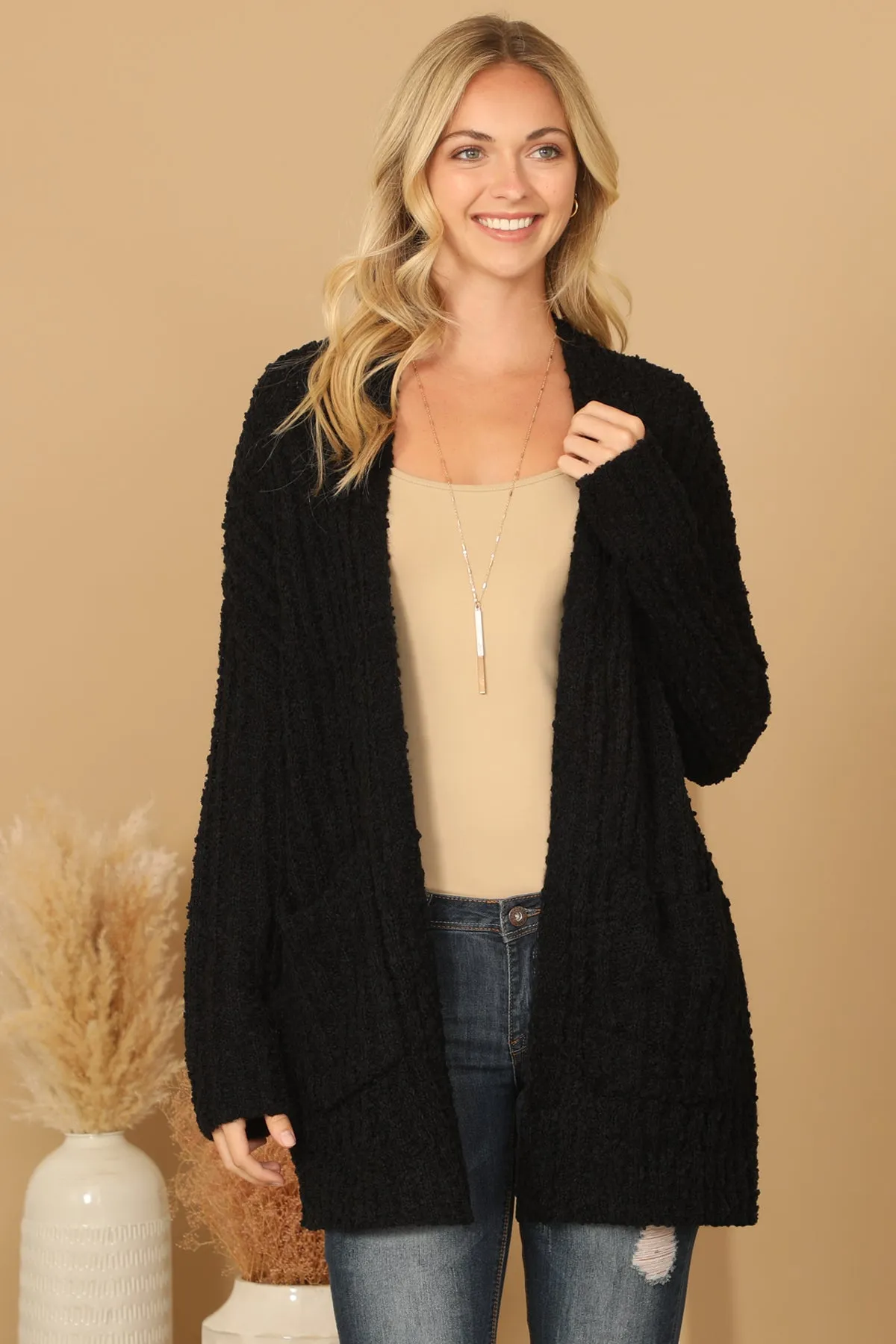POPCORN FRONT POCKET OPEN CARDIGAN