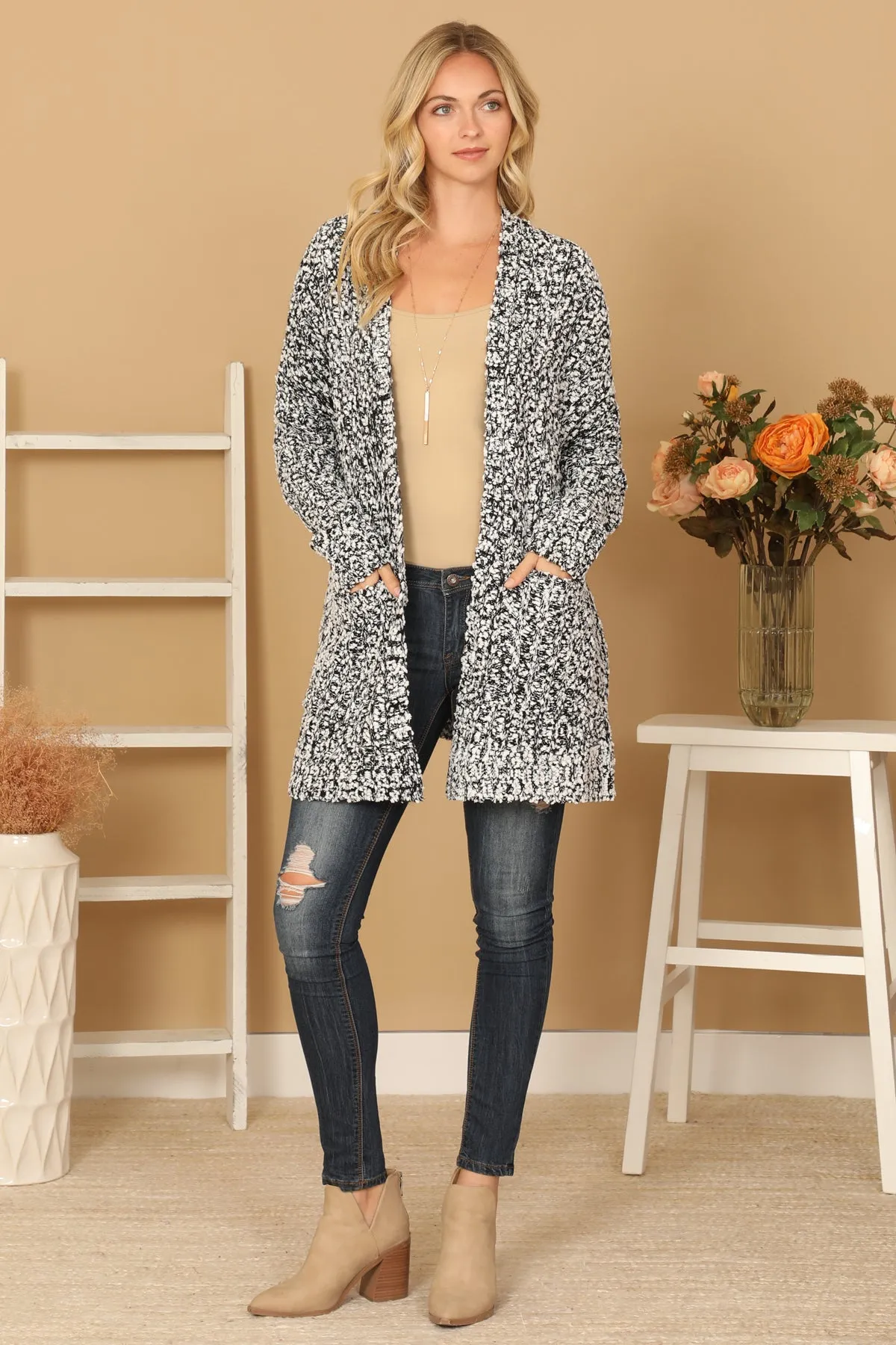 POPCORN FRONT POCKET OPEN CARDIGAN